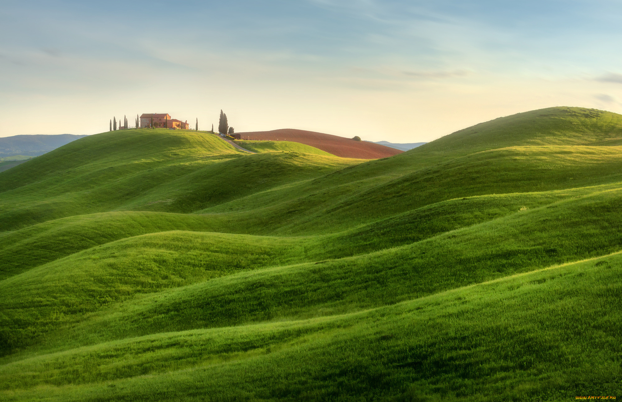природа, луга, италия, тоскана, поля, холмы, усадьба, небо