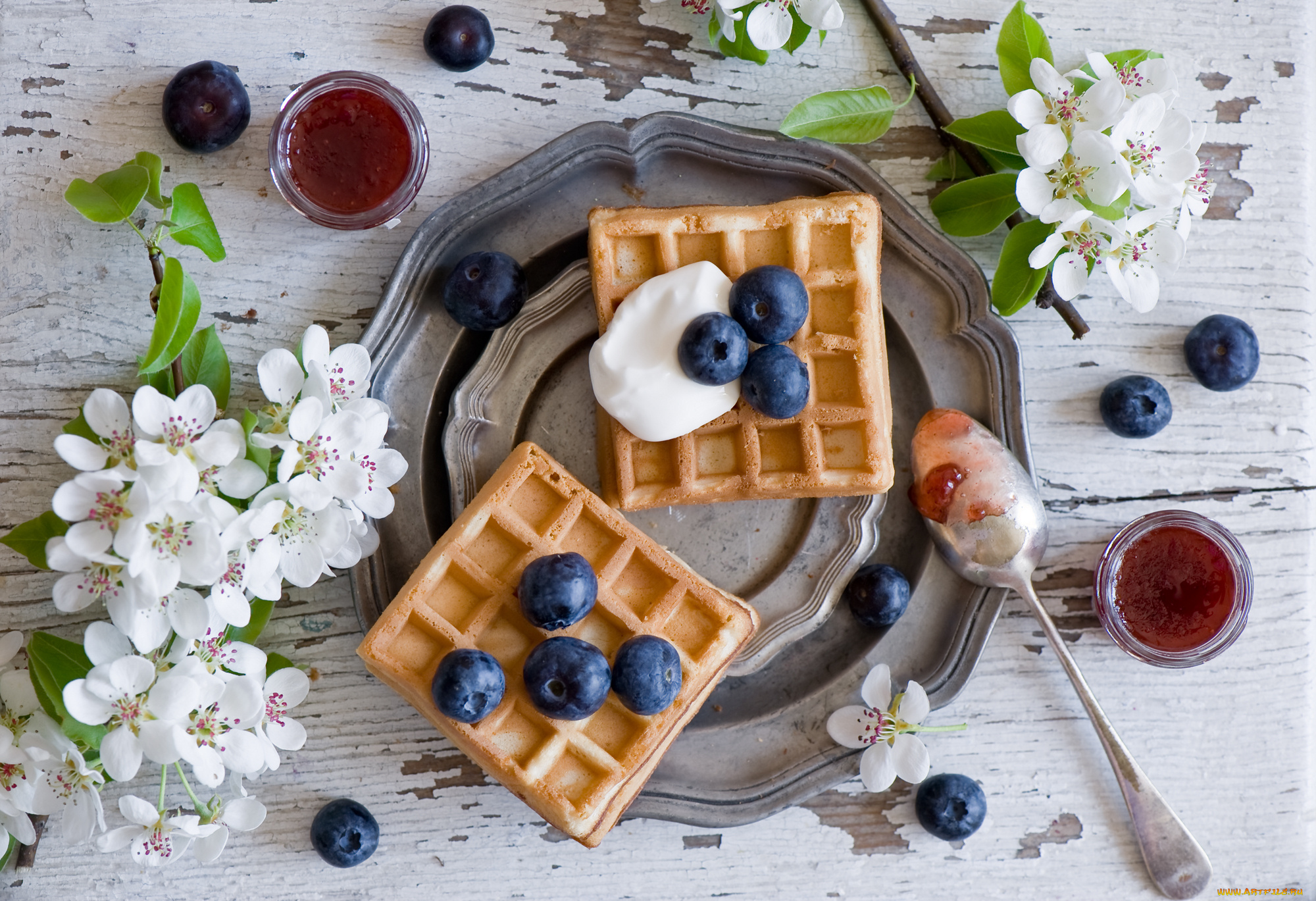 еда, блины, , оладьи, цветы, вафли, тарелка