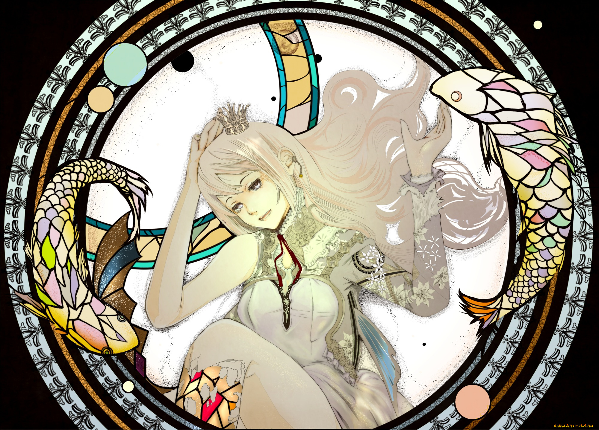 аниме, vocaloid, megurine, luka, девушка, арт, plantroom9, nine, круг, рыбы