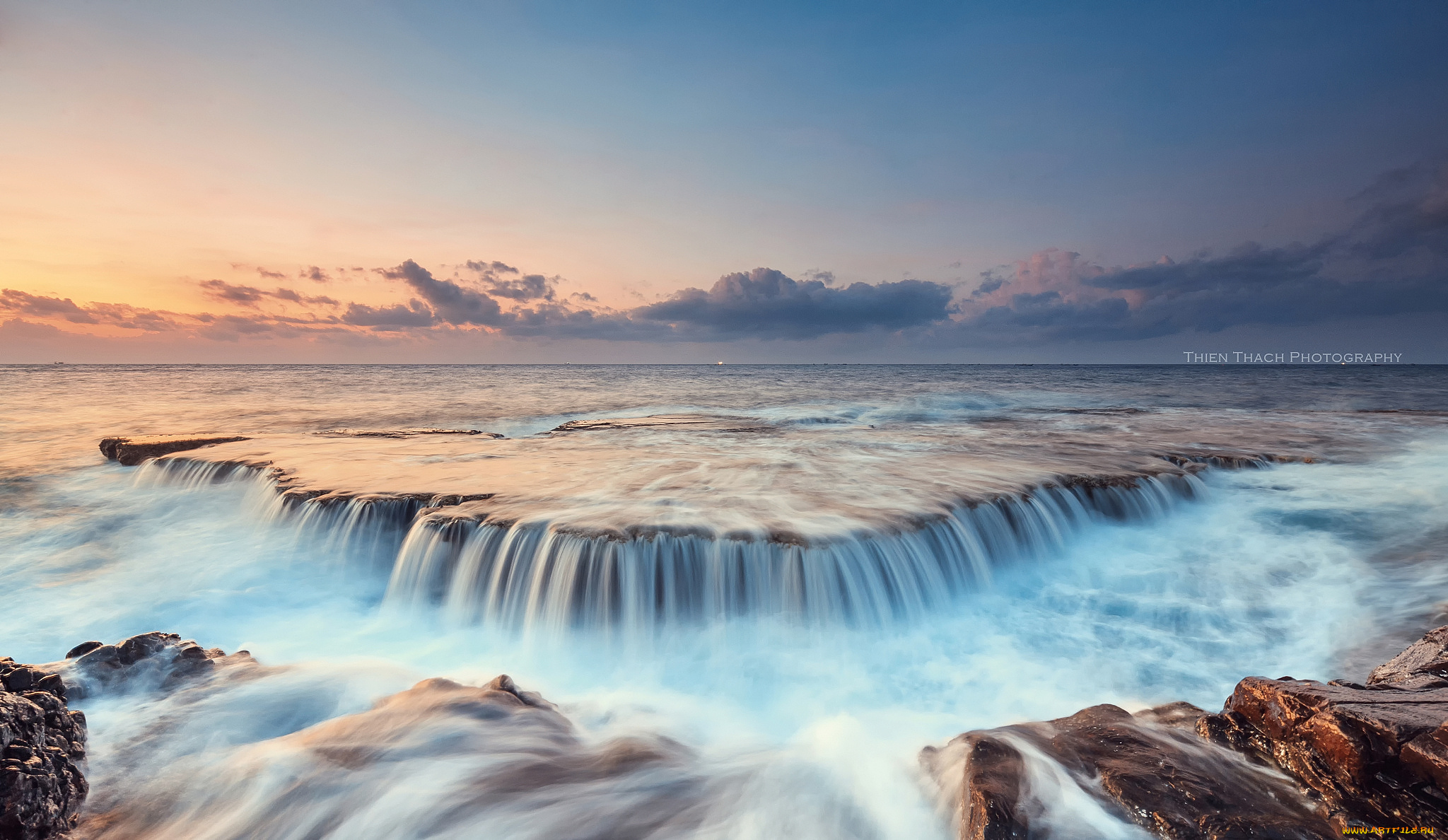 природа, побережье, море, потоки, камни, скалы, облака