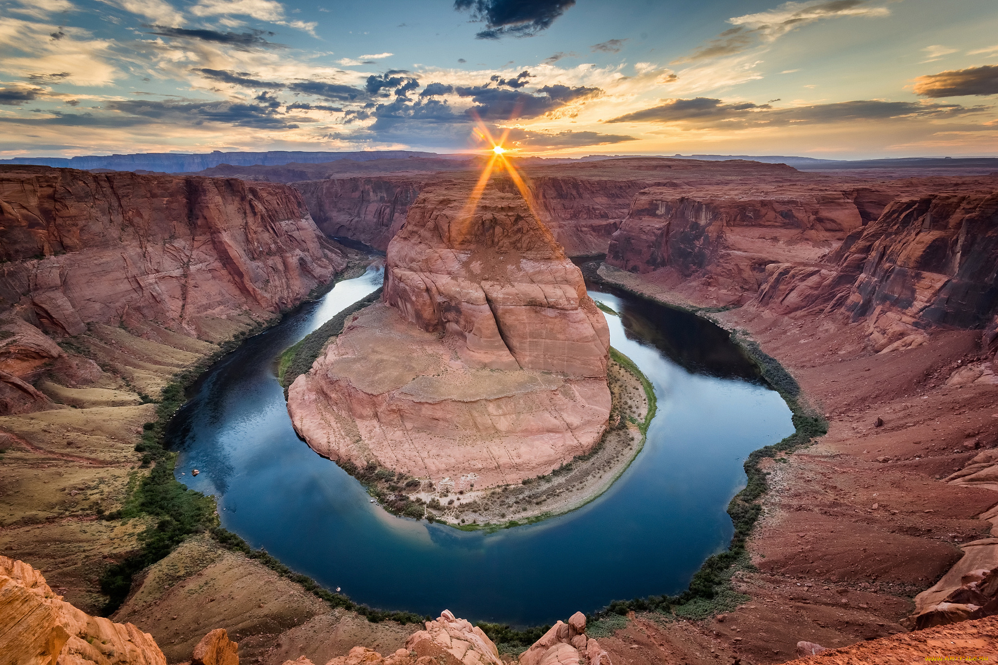 природа, реки, озера, сша, штат, колорадо, аризона, река, каньон, подкова, хорсшу-бенд, небо, облака, солнце, лучи