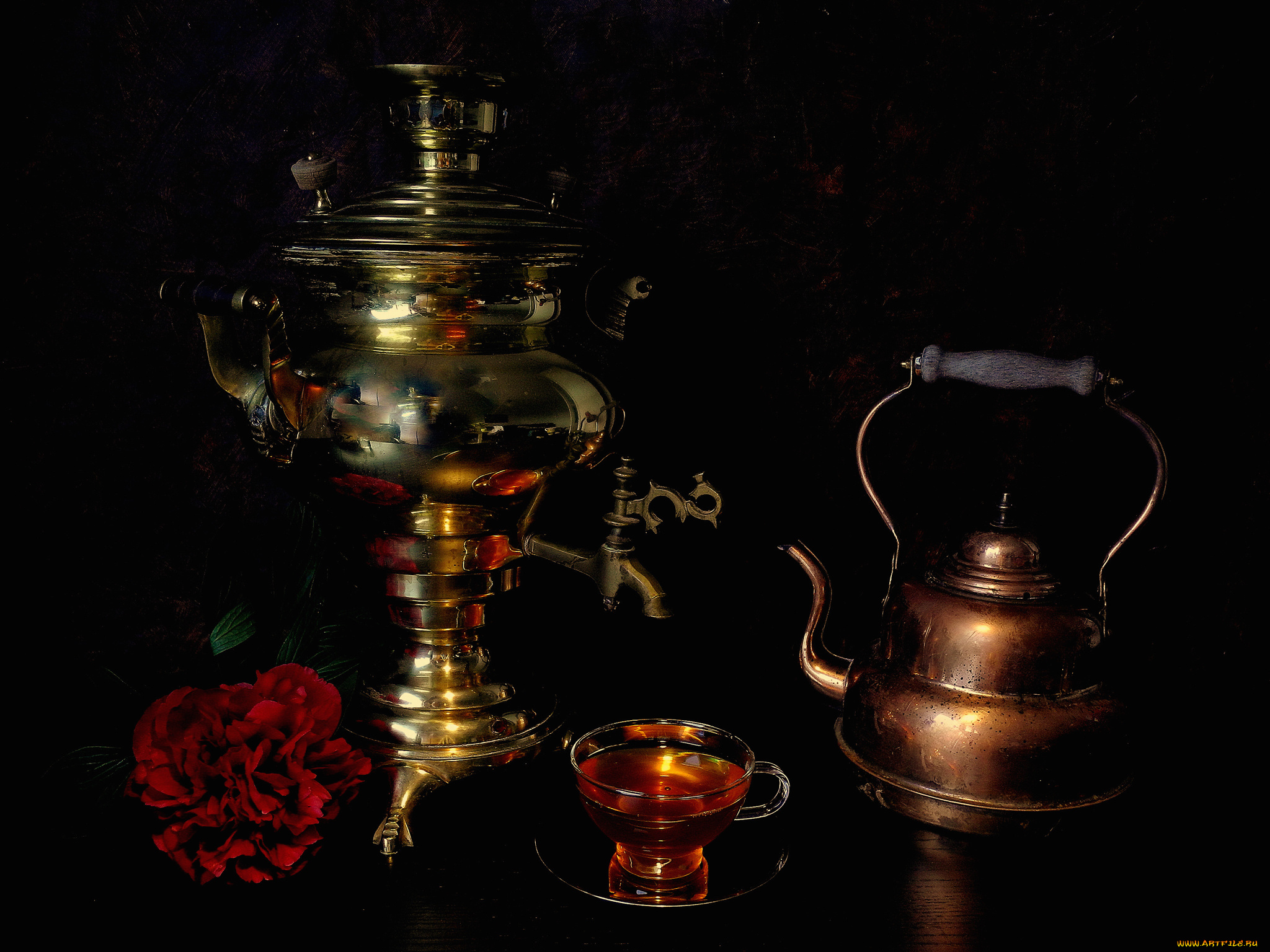 еда, натюрморт, чашка, чайник, самовар, чай, цветок