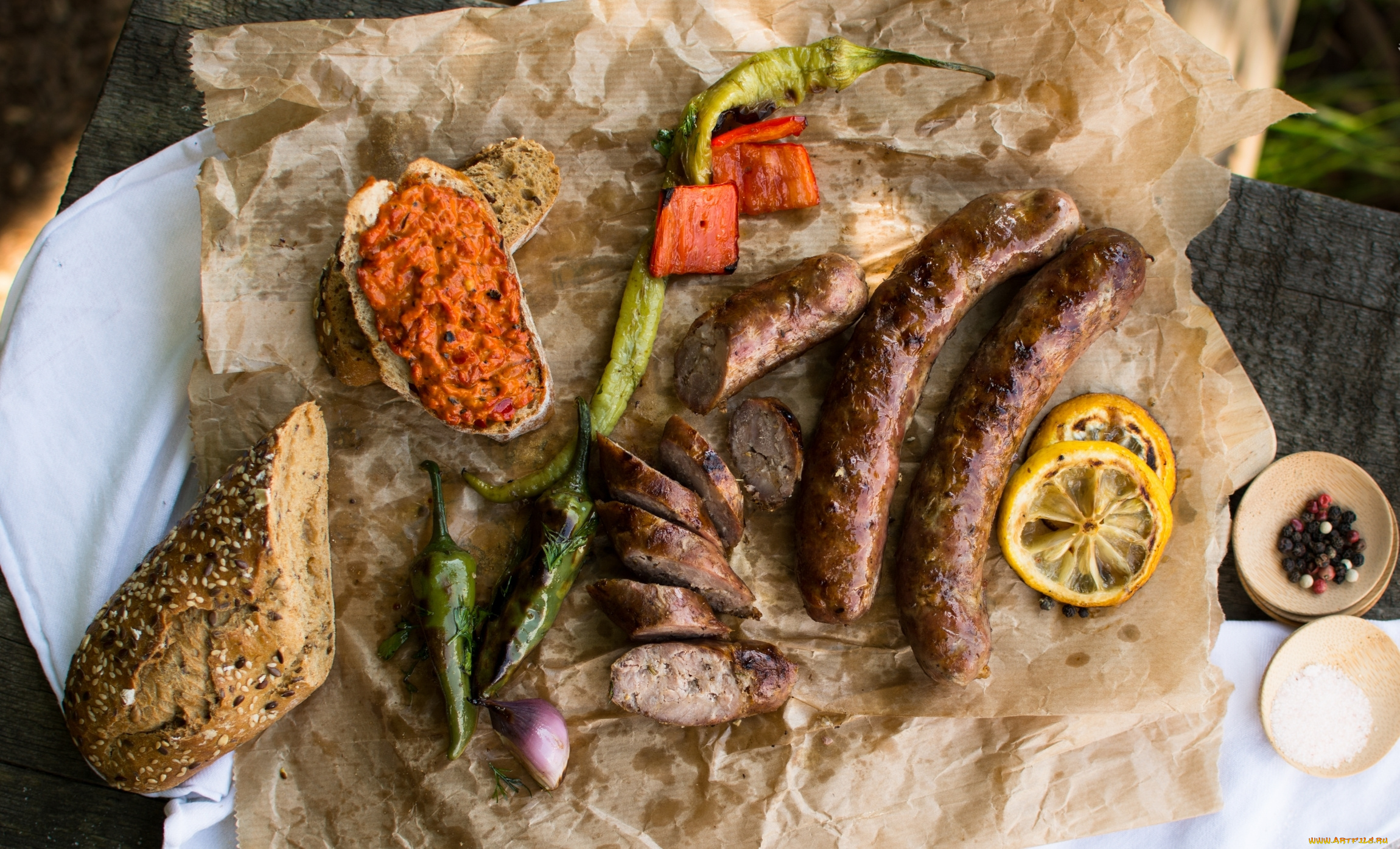 еда, колбасные, изделия, хлеб, перец, овощи, закуски, колбаски, лимон, специи