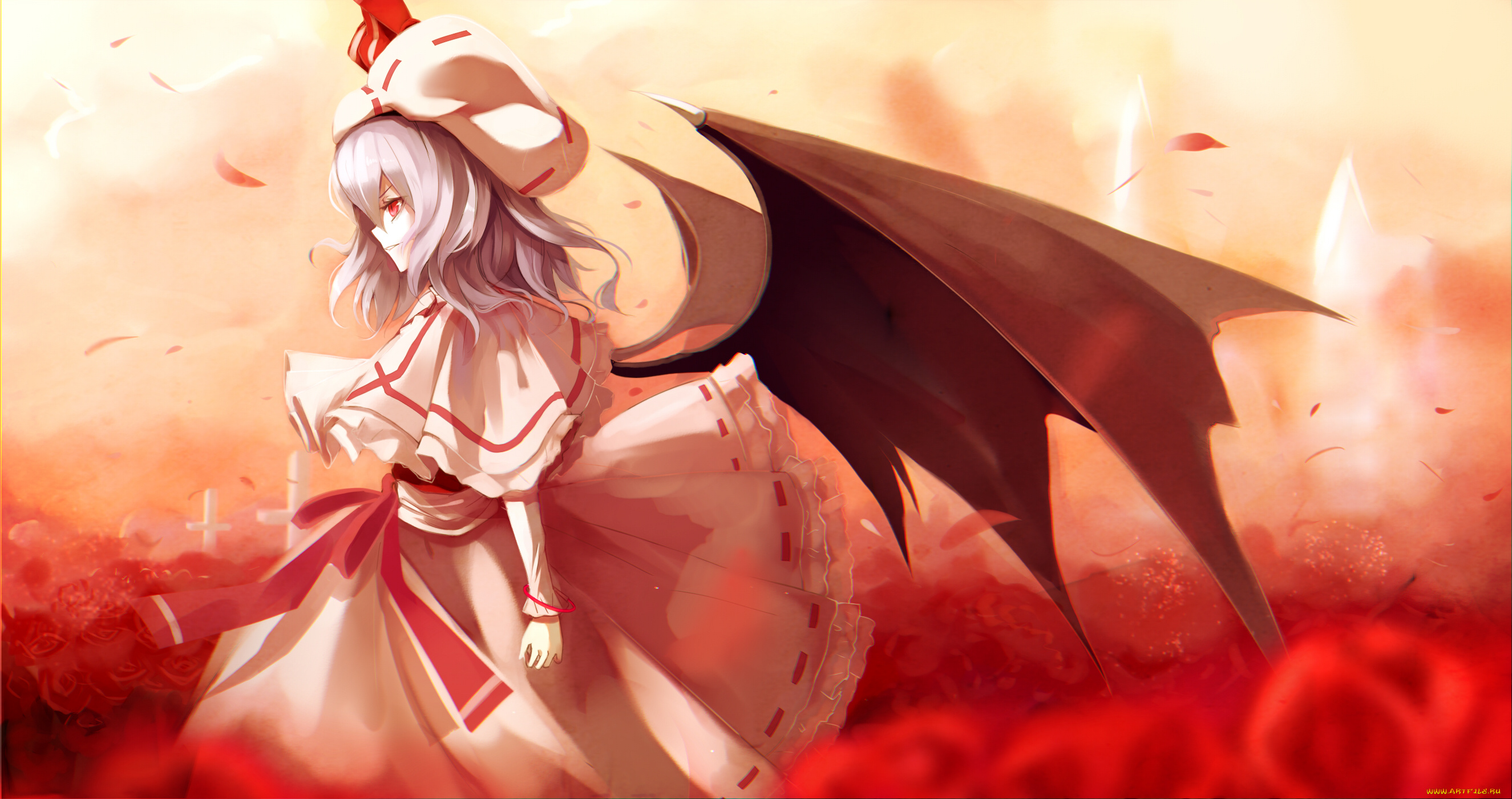 аниме, touhou, remilia, scarlet, fami, yellow, skies, крылья, девушка, арт, демон