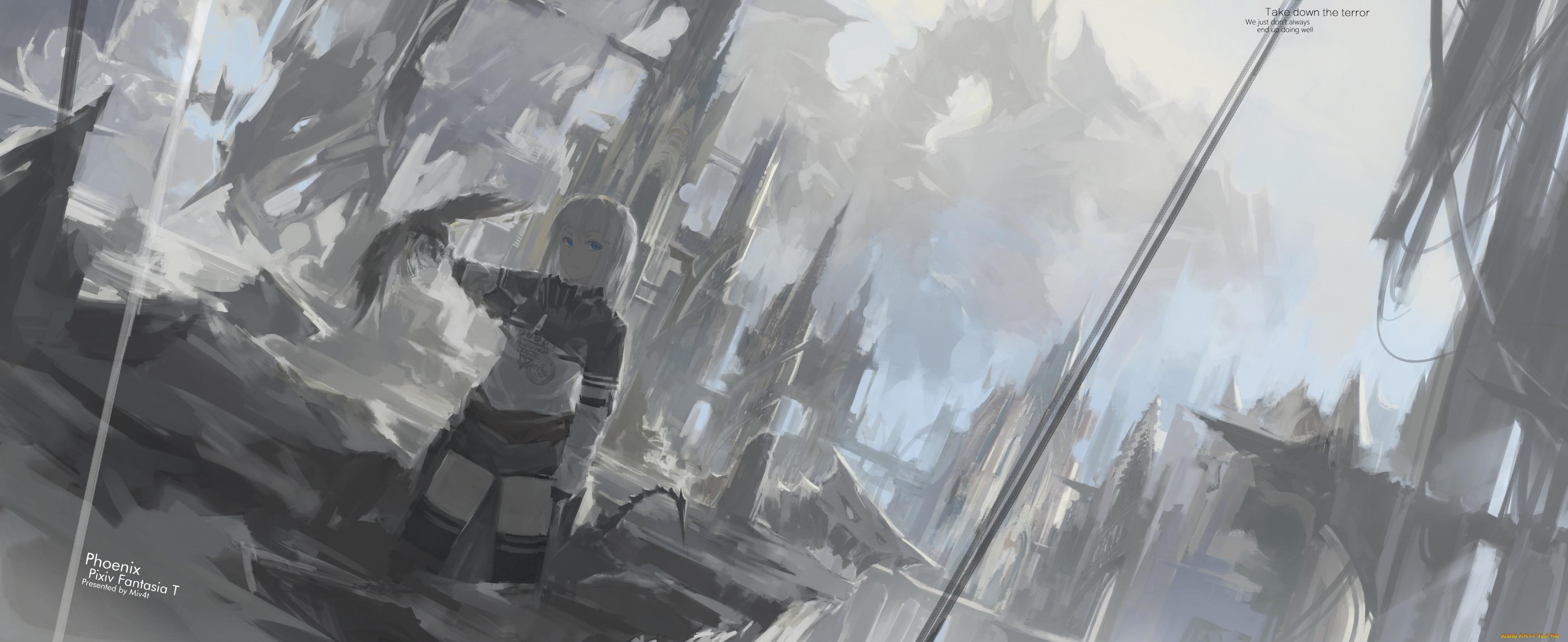 аниме, pixiv, fantasia, девушка, руины, mivit, арт, город, птица, серость, pixiv, fantasia