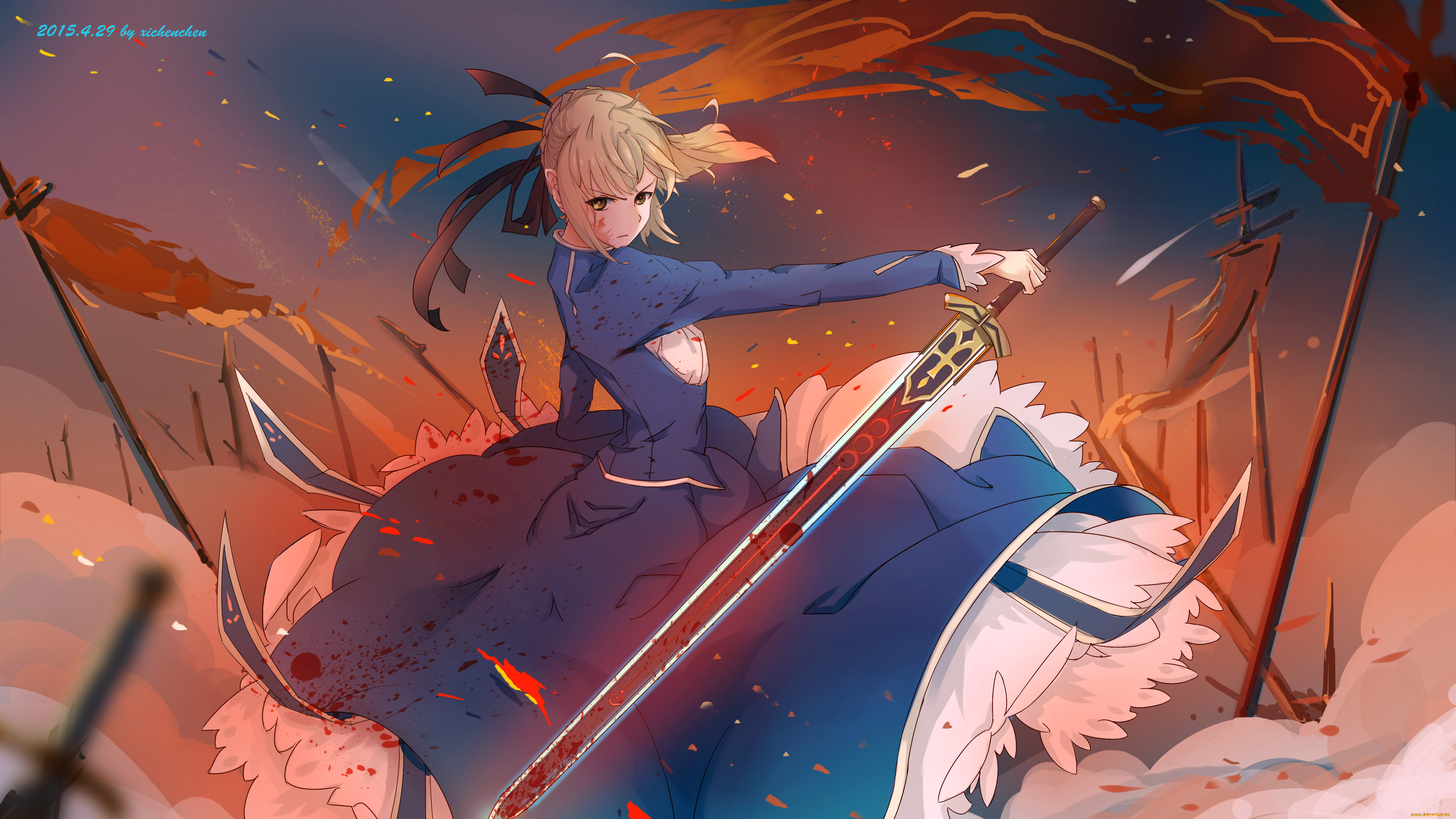 аниме, fate, stay, night, девушка, saber, stay, night, кровь, меч