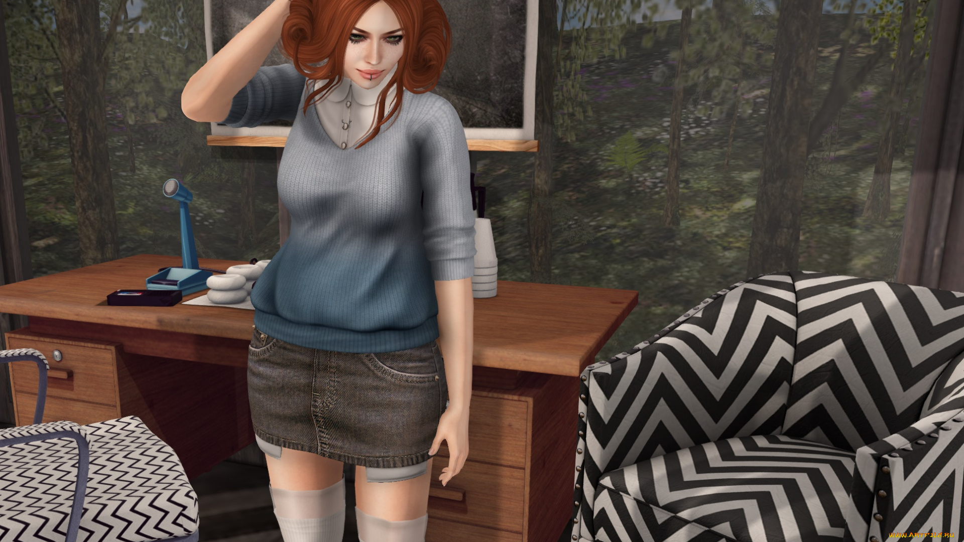 3д, графика, люди, , people, девушка, фон, взгляд, рыжая