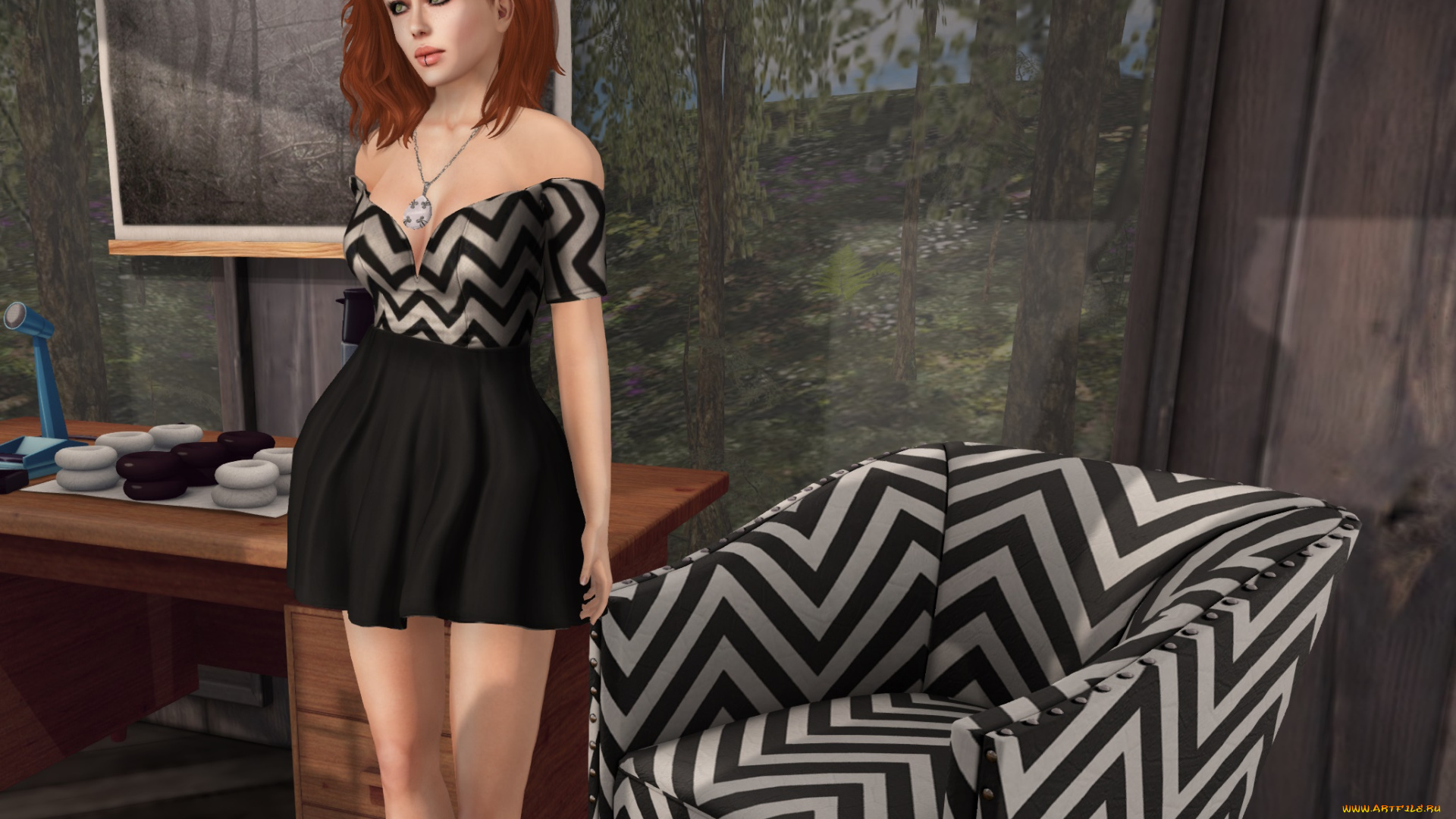 3д, графика, люди, , people, взгляд, девушка, рыжая, фон