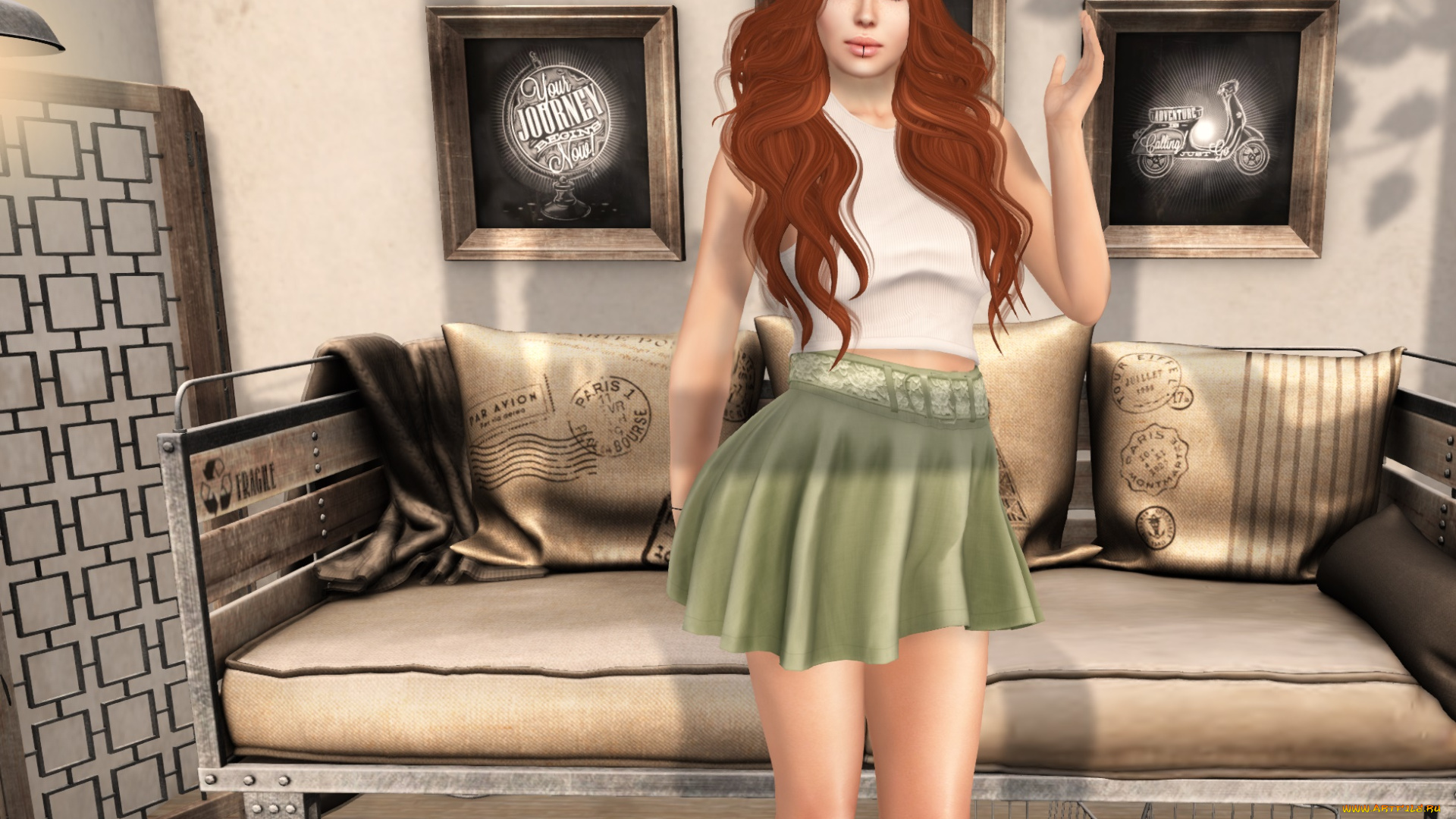 3д, графика, люди, , people, взгляд, интерьер, фон, рыжая, девушка