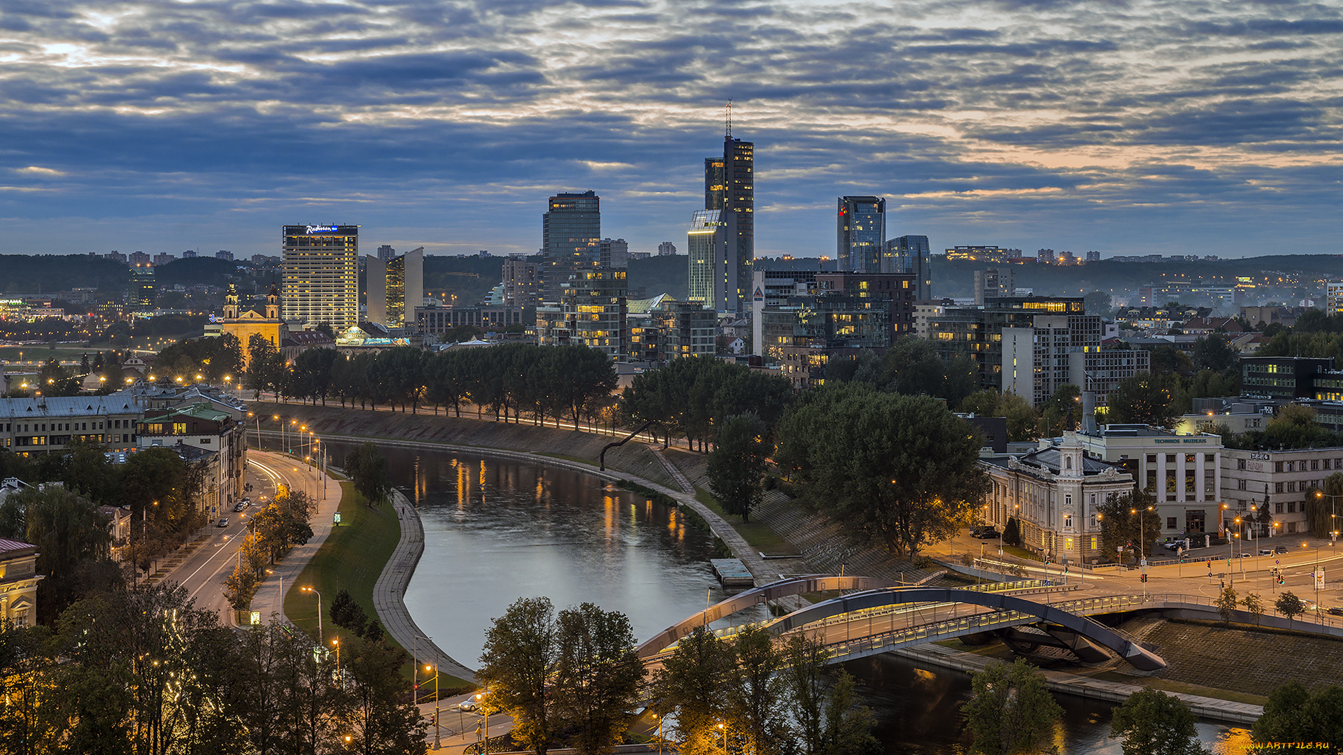 города, -, панорамы, ночной, город, река, мост, здания