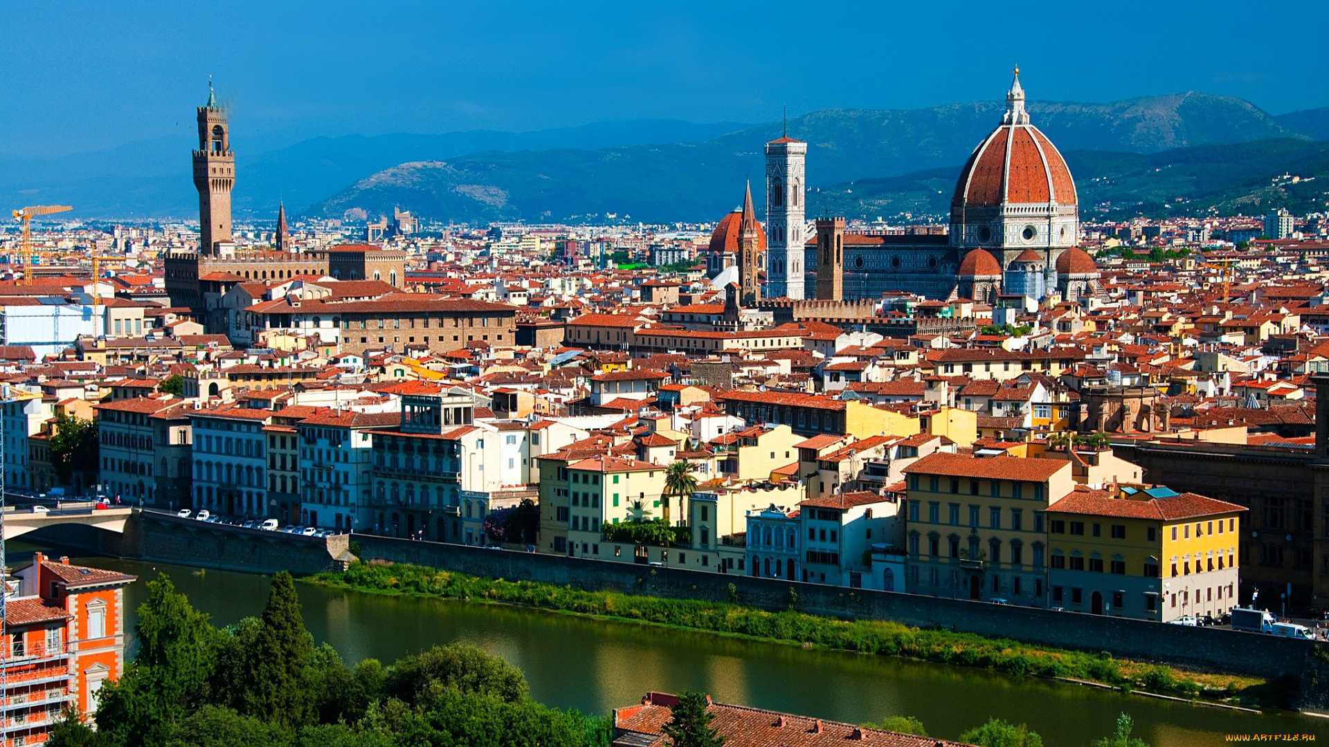 города, флоренция, , италия, горы, река, панорама