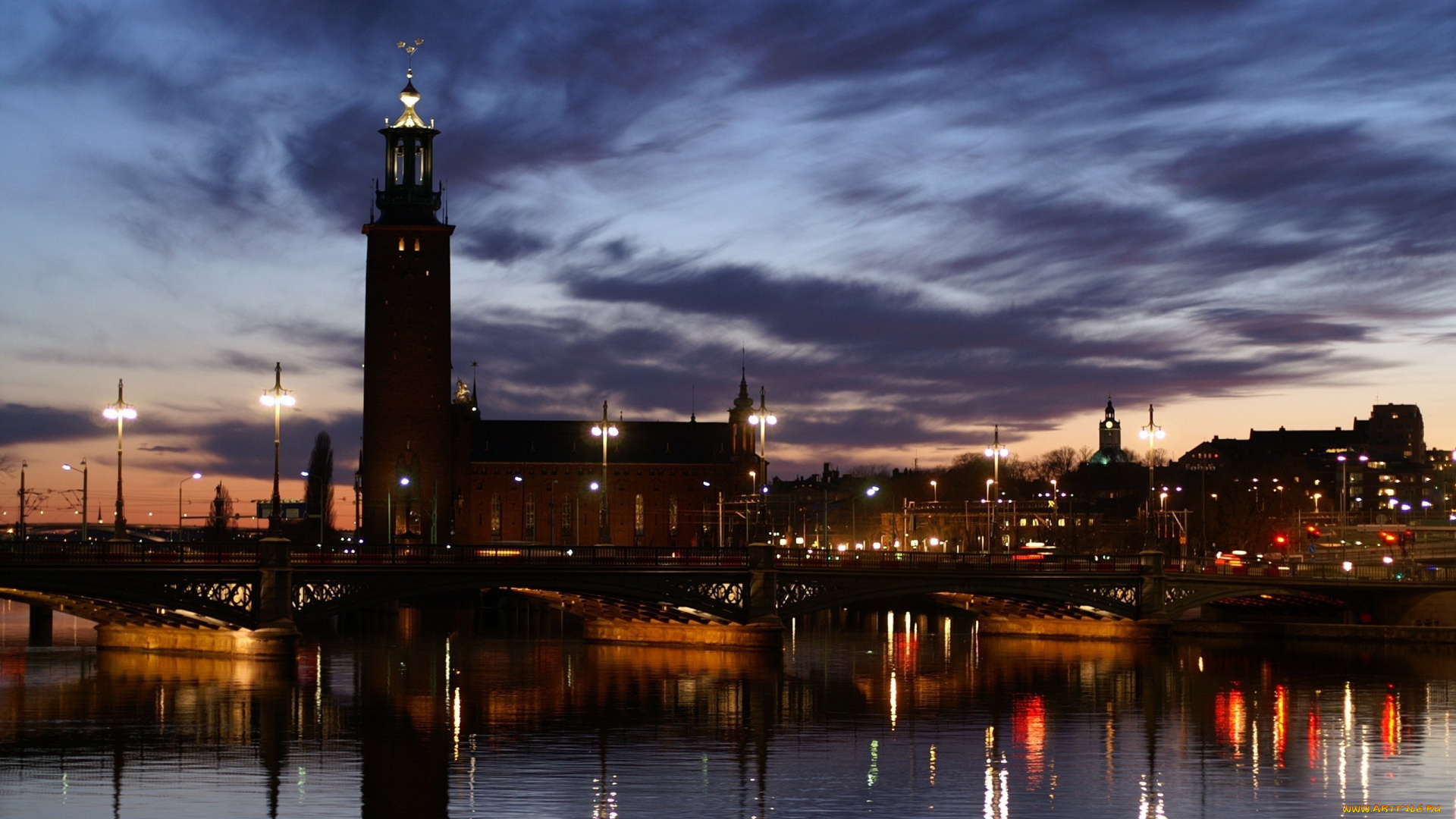 города, стокгольм, , швеция, река, отражения, ночь, башня, огни