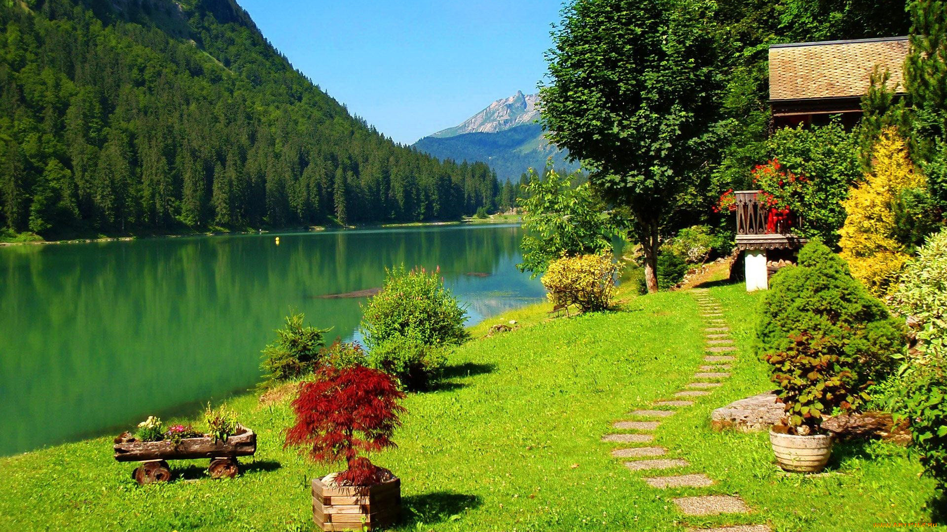 природа, реки, озера, берег, горы, деревья