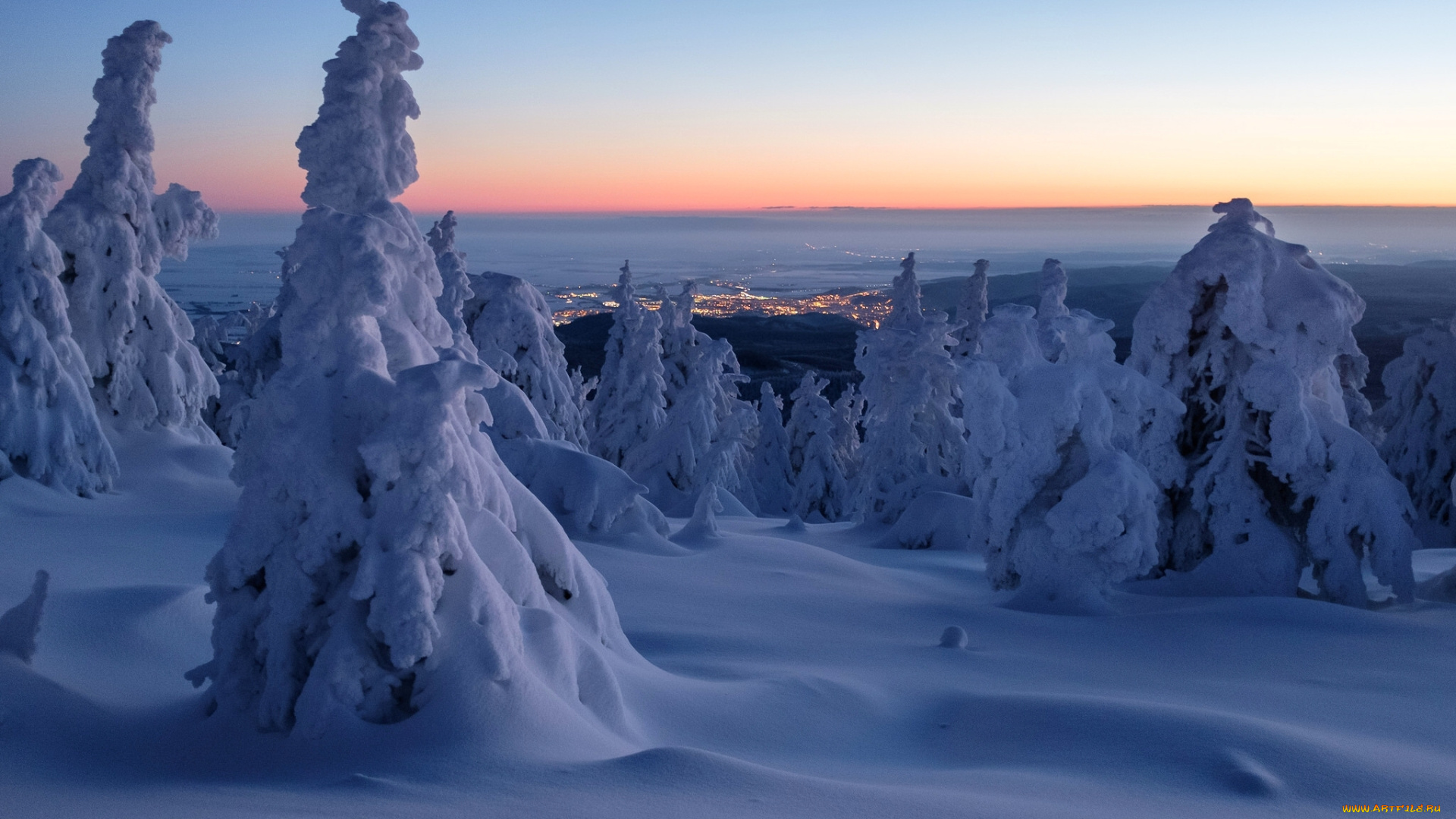 природа, зима, деревья, сугробы, снег, рассвет, панорама, утро, германия, саксония-анхальт, горы, гарц