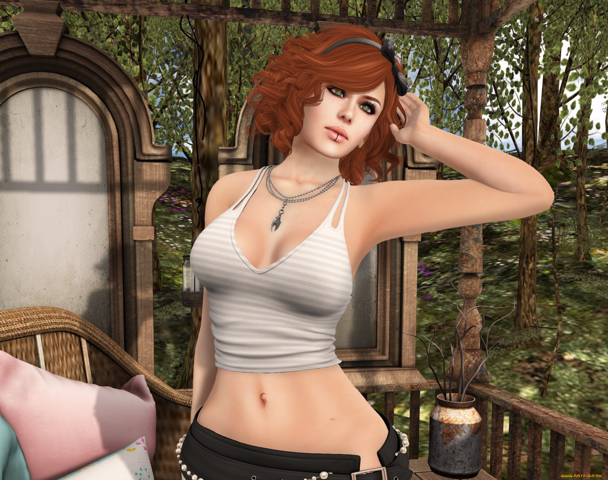 3д, графика, люди, , people, девушка, рыжая, фон, взгляд