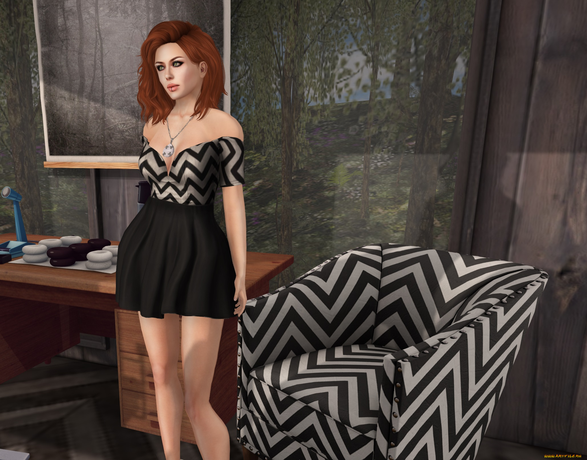 3д, графика, люди, , people, взгляд, девушка, рыжая, фон