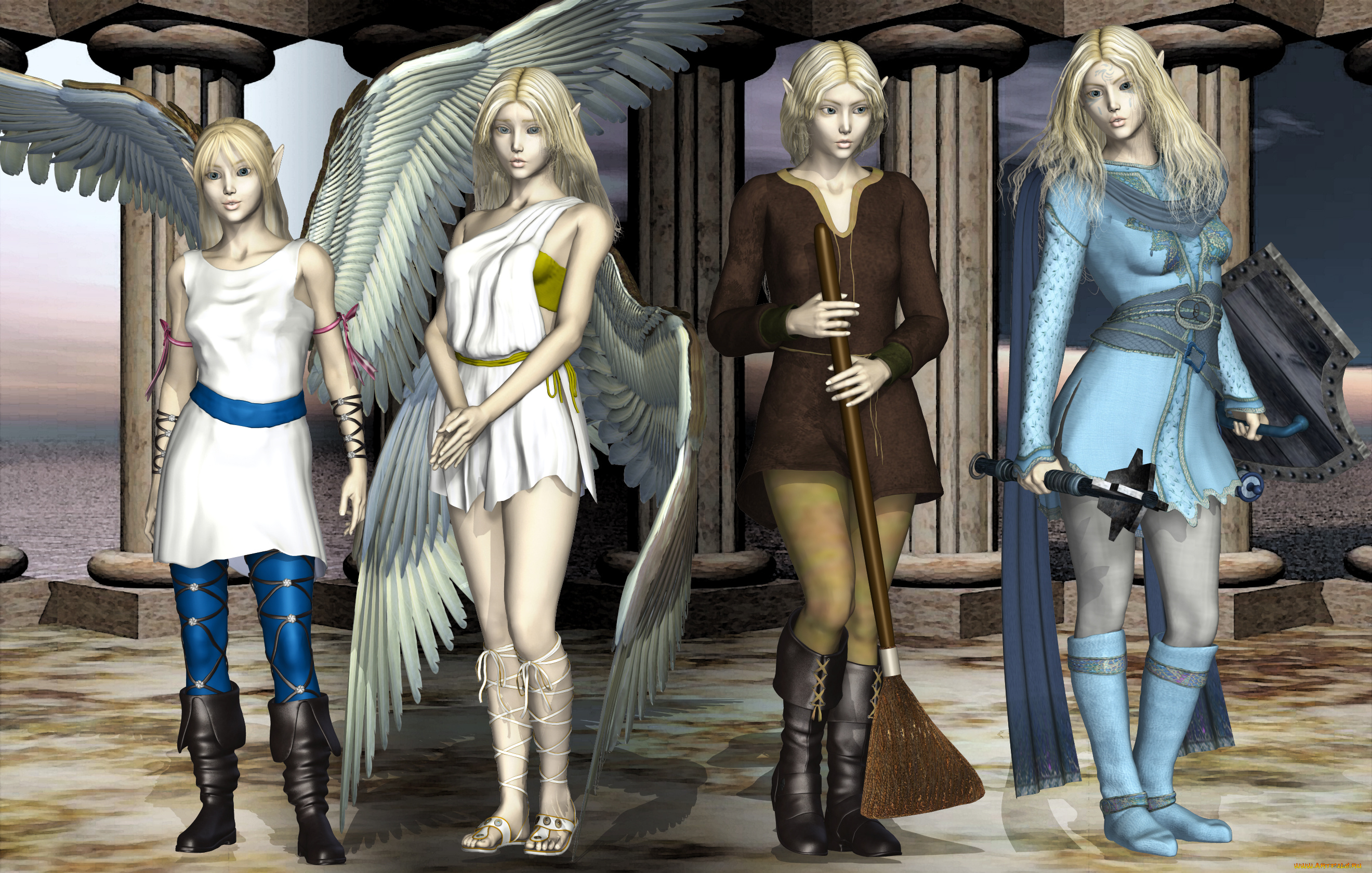 3д, графика, эльфы, , elves, эльфийки, фон, взгляд