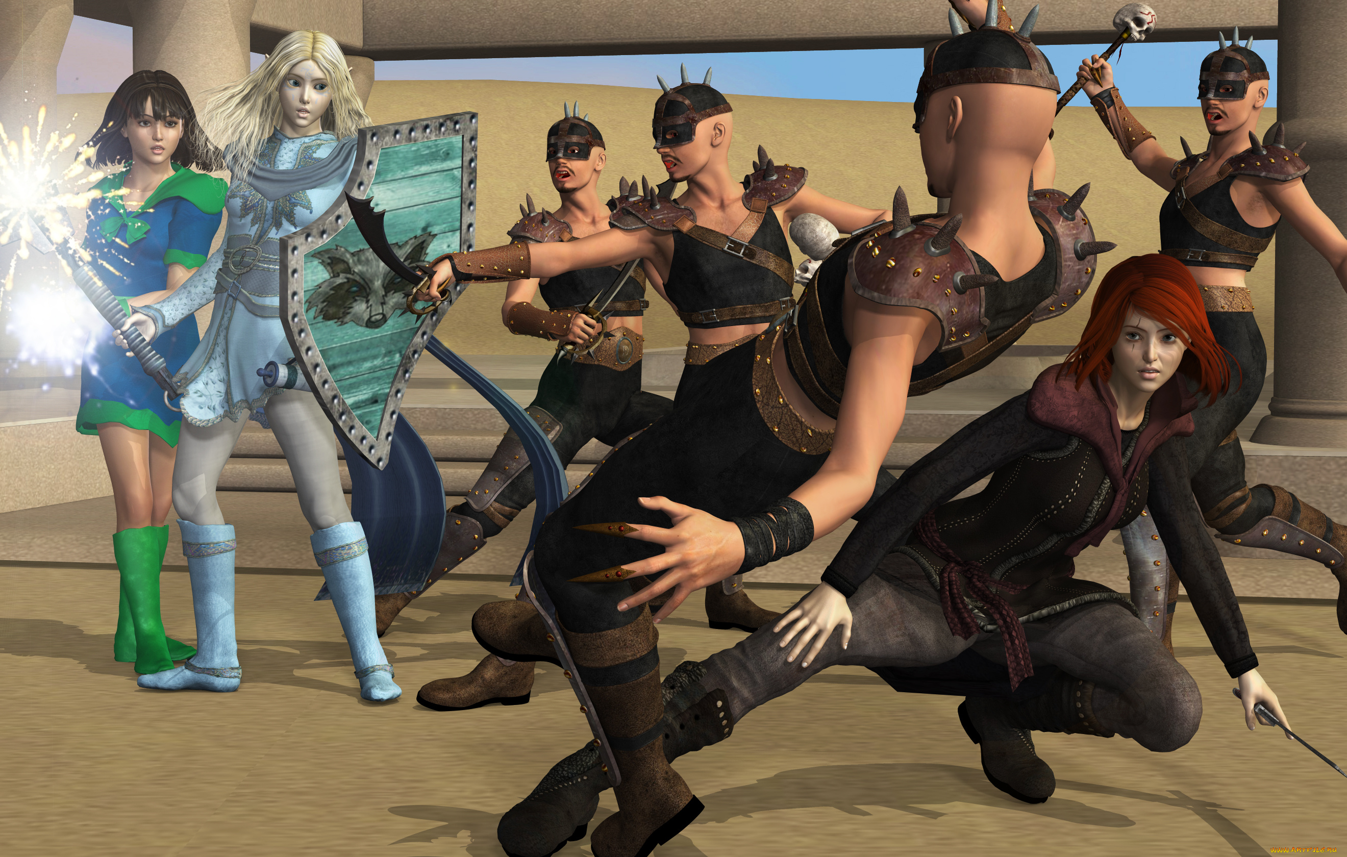 3д, графика, фантазия, , fantasy, взгляд, эльфийки, драка, фон