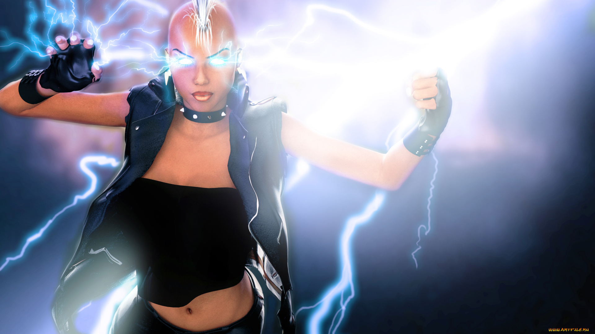 3д, графика, фантазия, , fantasy, девушка, молния, фон, ирокез, взгляд