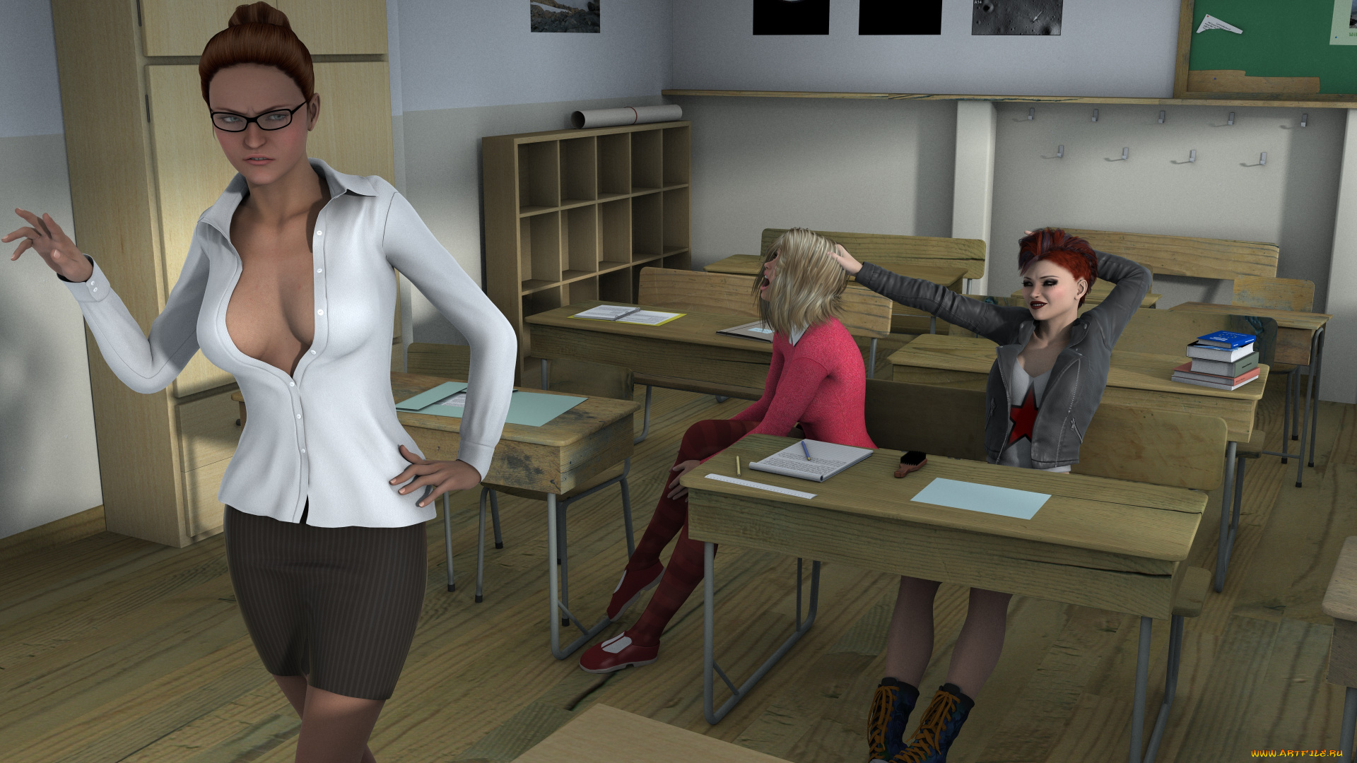 classroom, disruption, 3д, графика, фантазия, , fantasy, взгляд, девушки, фон