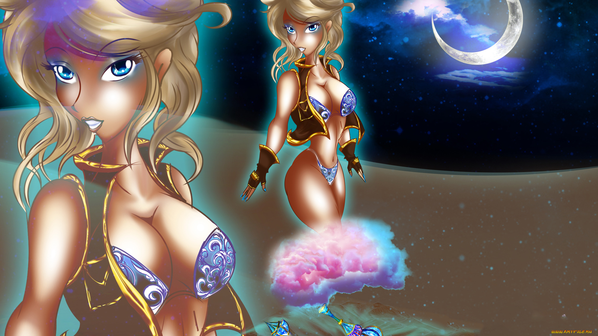 рисованное, комиксы, фон, девушка, месяц, джин, взгляд