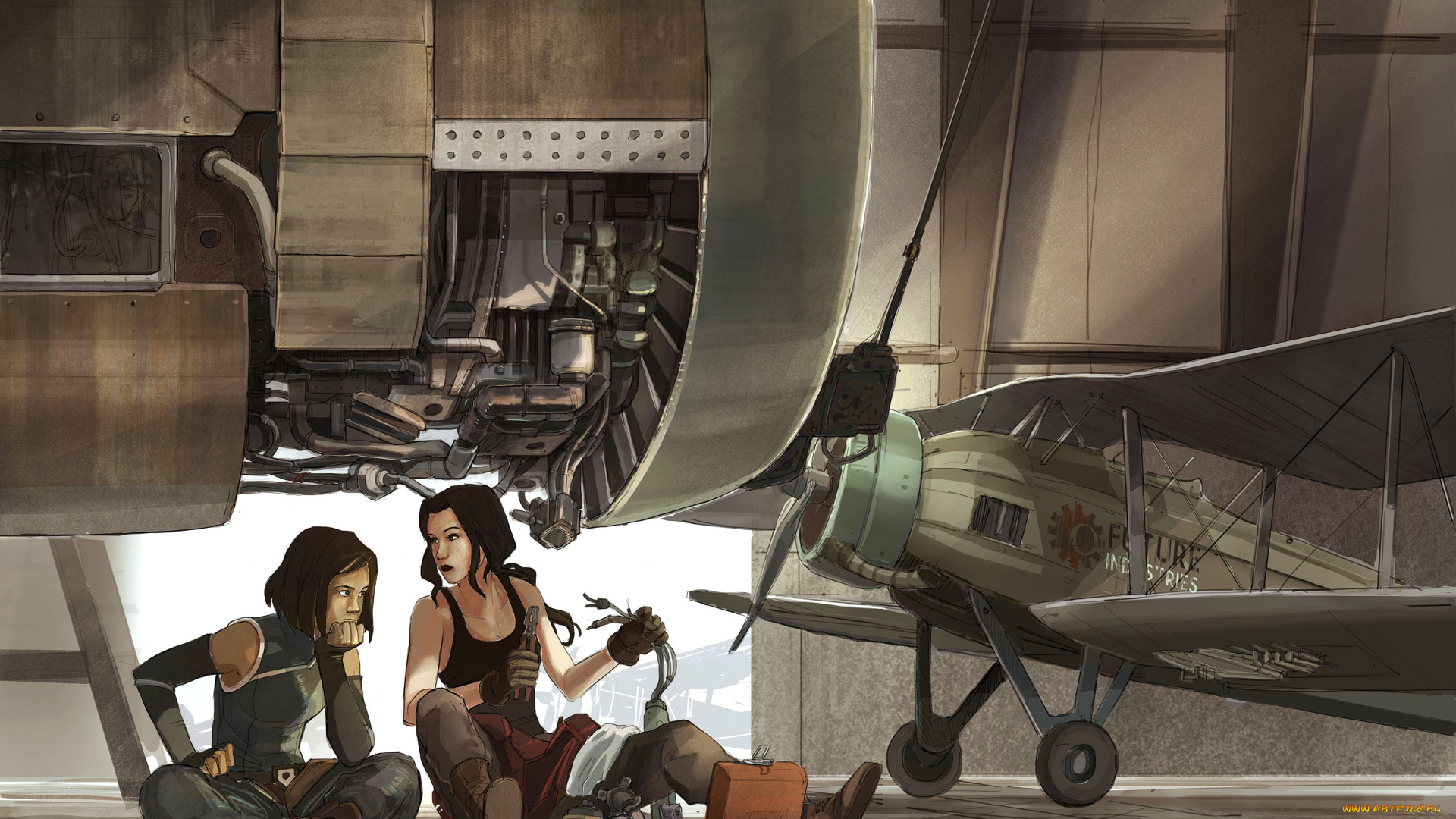 рисованное, люди, девушки, фон, самолет