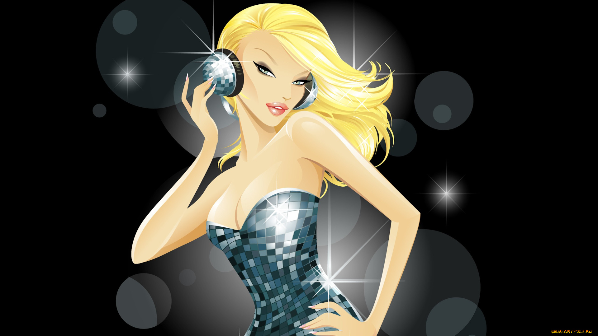 векторная, графика, девушки, , girls, блики, наушники, музыка, блондинка, девушка