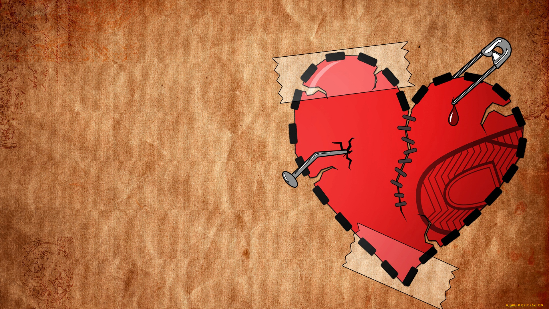 векторная, графика, сердечки, , hearts, сердце, скотч, шов, булавка, гвоздь