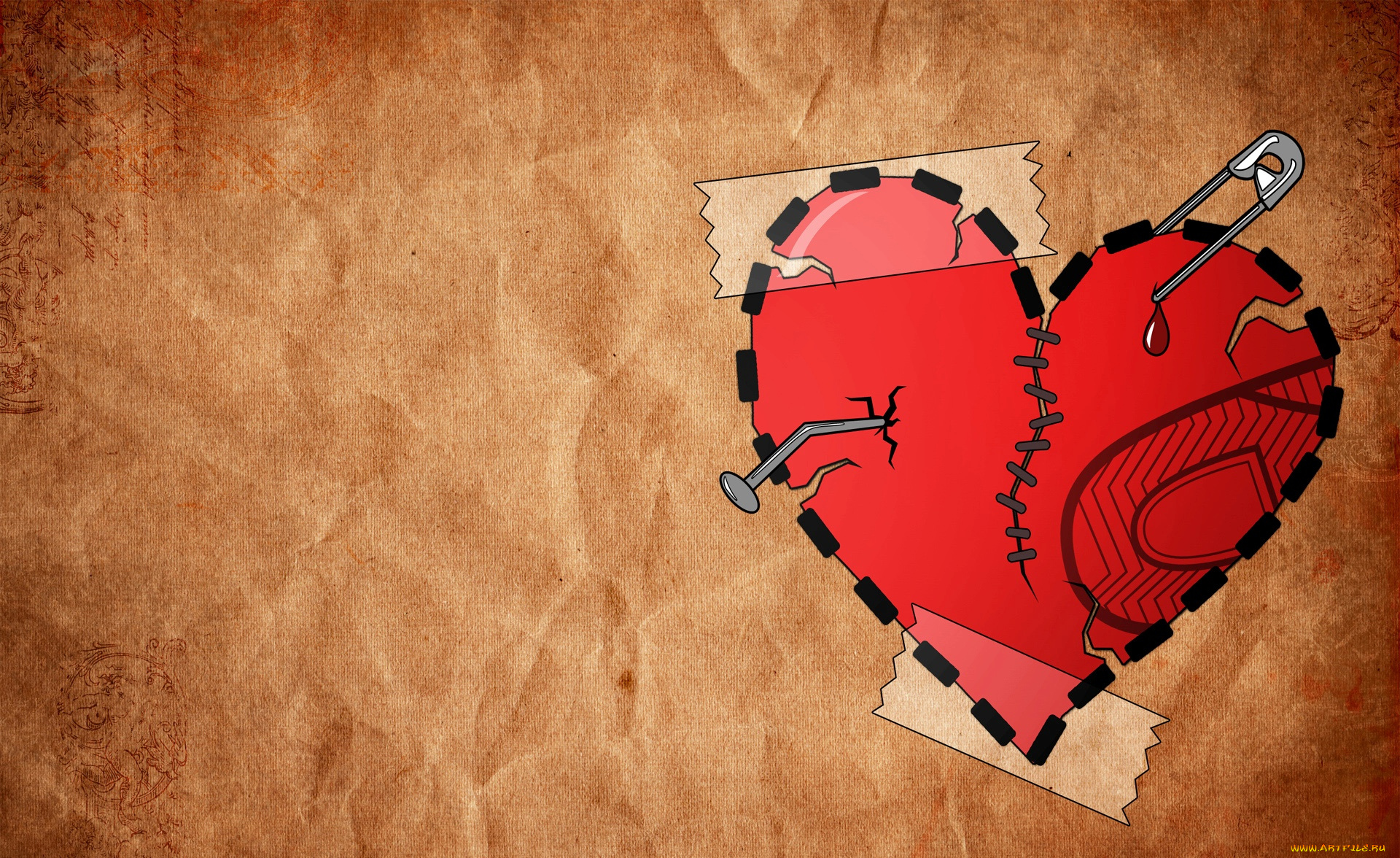 векторная, графика, сердечки, , hearts, сердце, скотч, шов, булавка, гвоздь