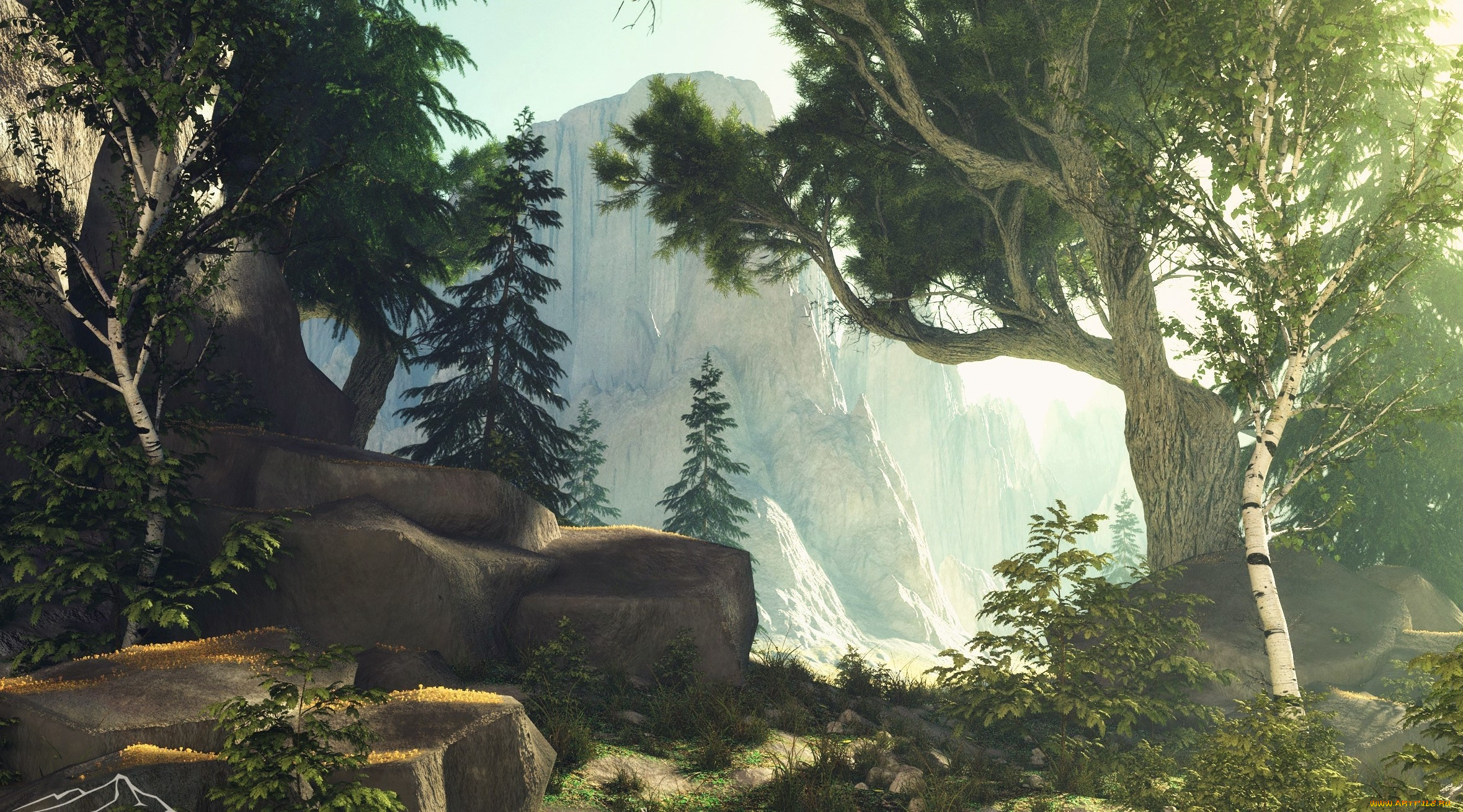 3д, графика, природа, , nature, горы, деревья