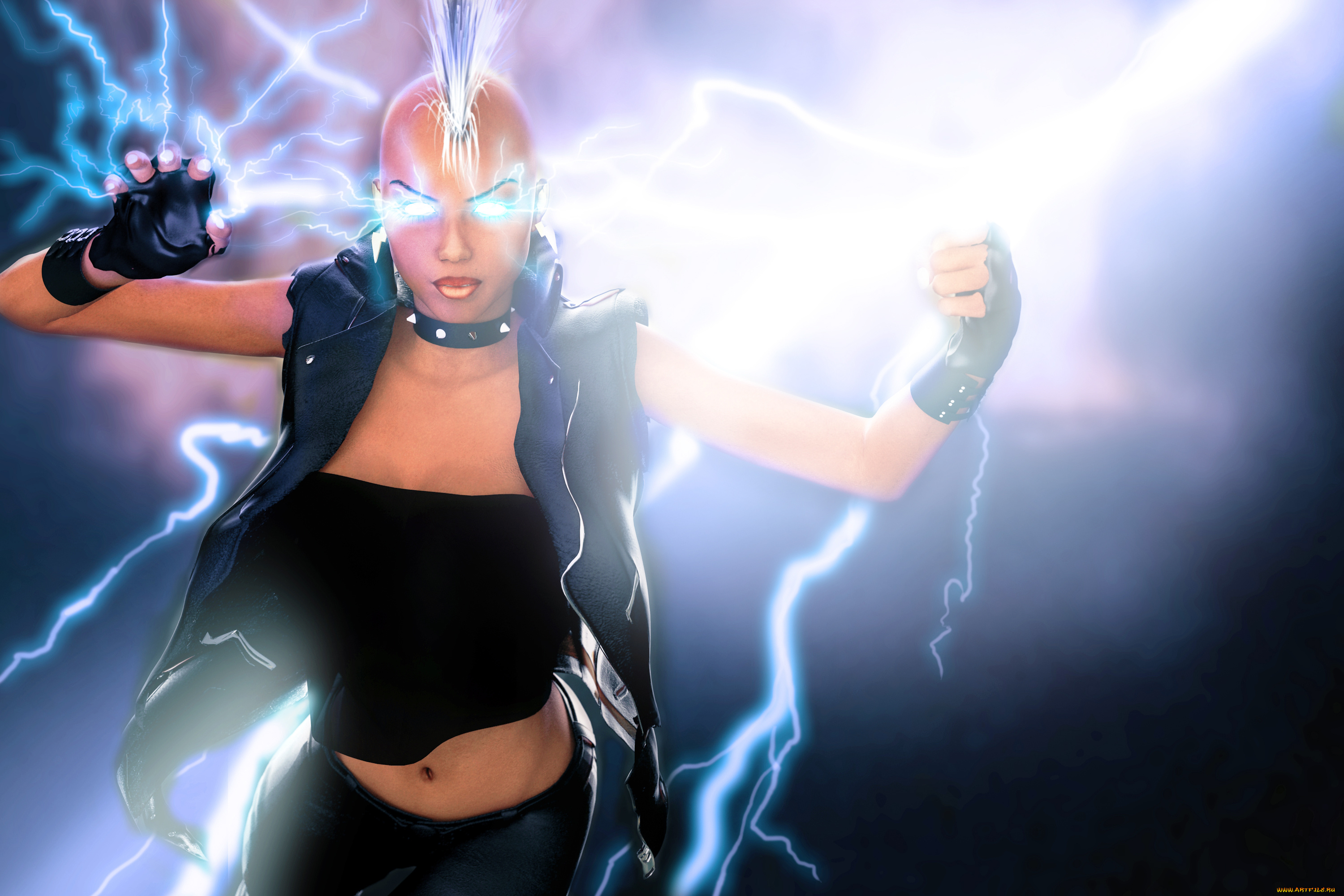 3д, графика, фантазия, , fantasy, девушка, молния, фон, ирокез, взгляд