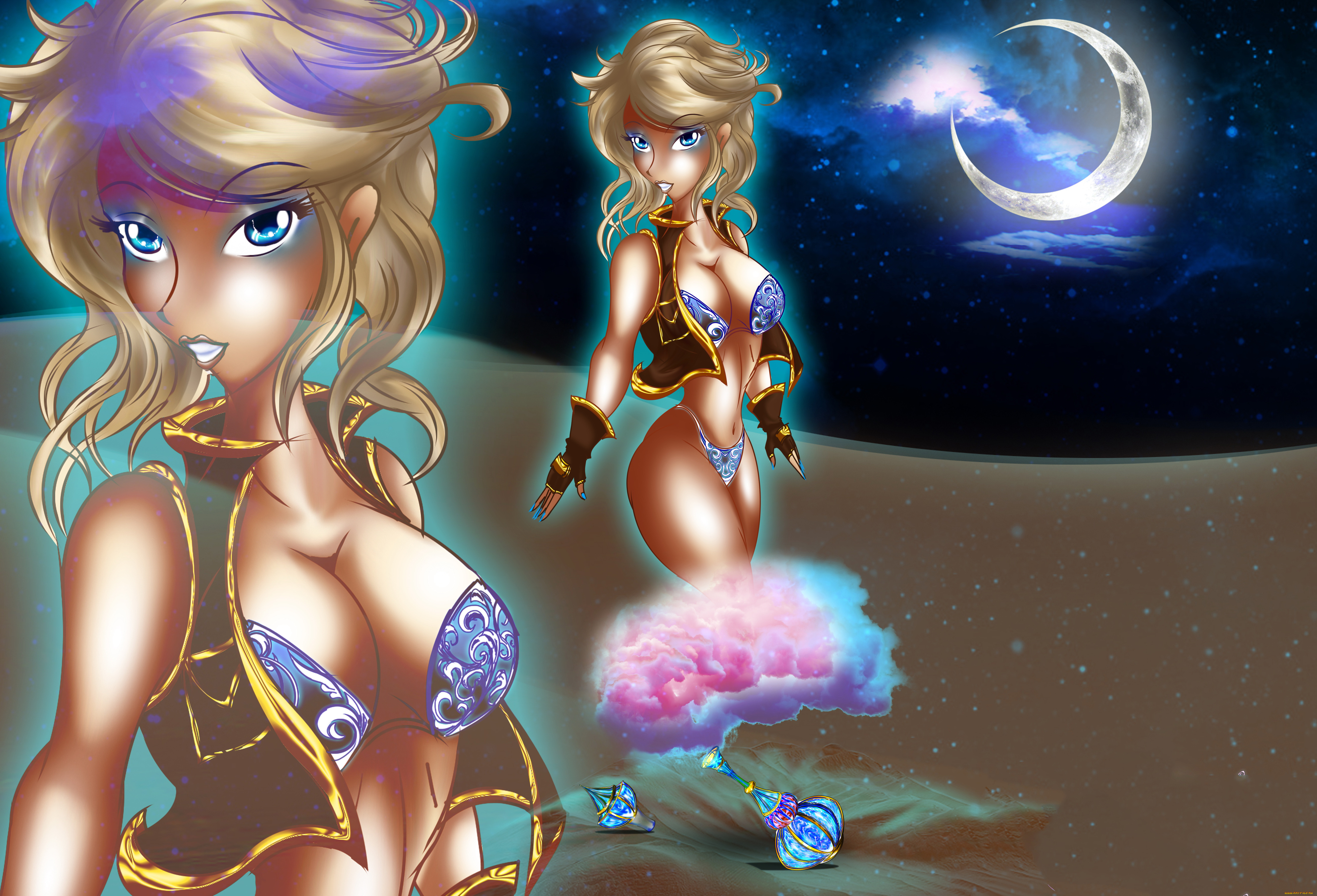 рисованное, комиксы, фон, девушка, месяц, джин, взгляд