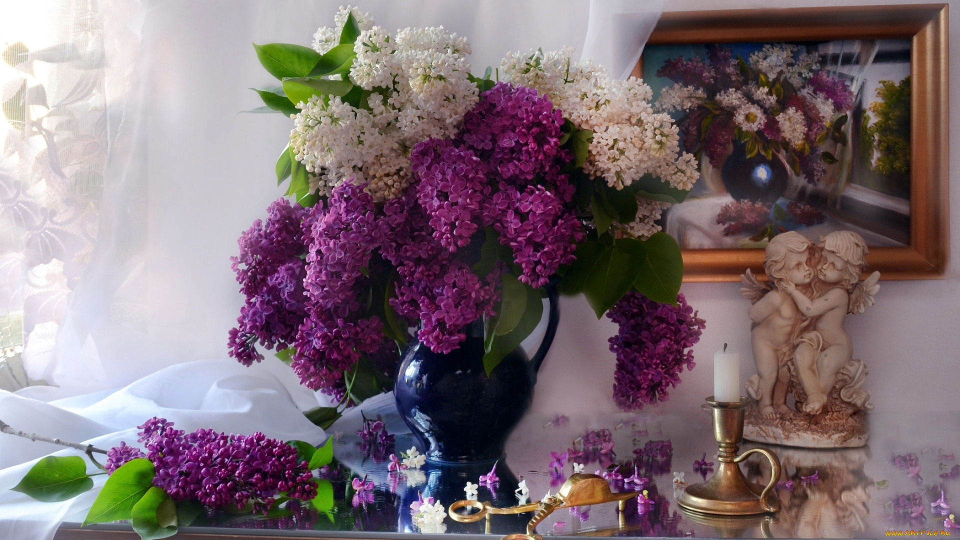 цветы, сирень, свеча, букет