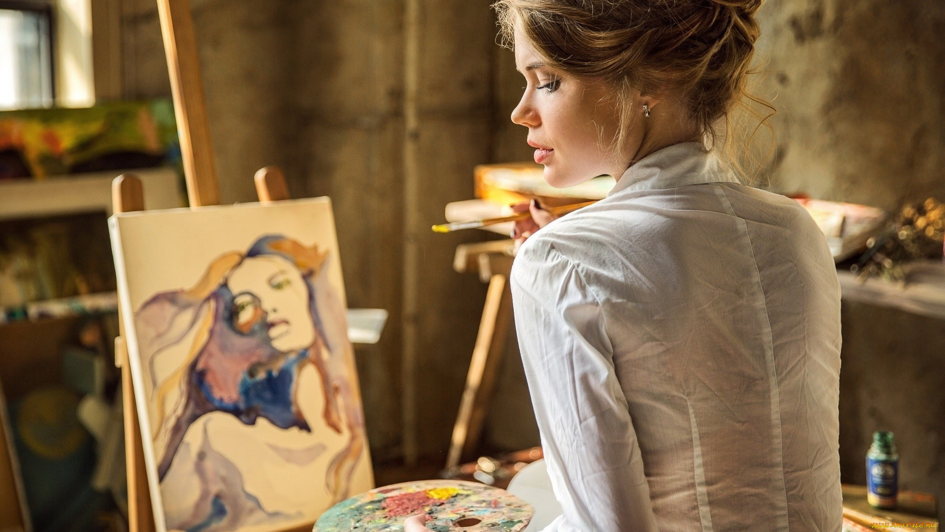 девушки, -unsort, , блондинки, , светловолосые, блондинка, блузка, художница, палитра, холст, портрет, кисть