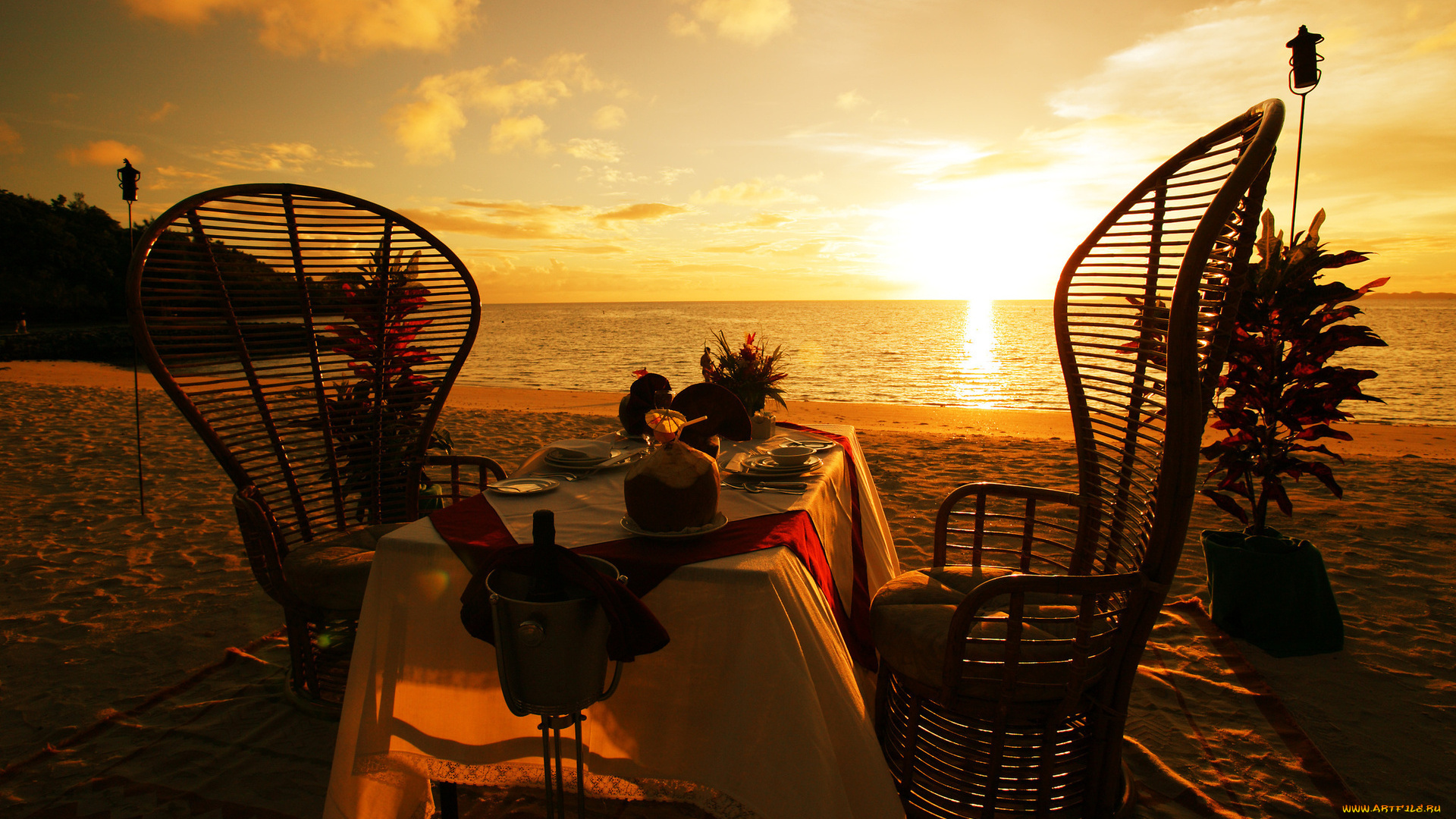 еда, сервировка, коктейли, стол, разное, песок, море, закат