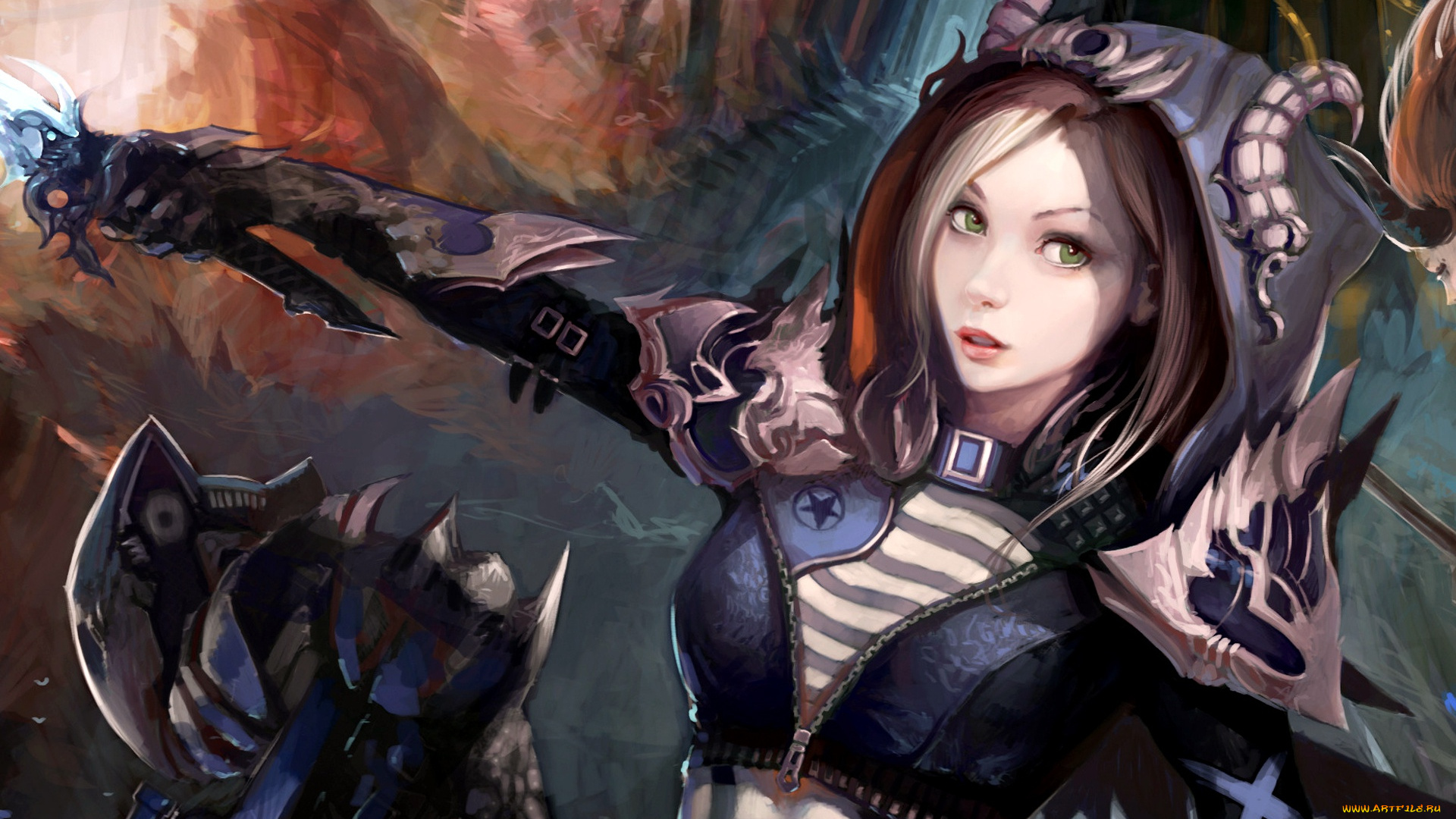 фэнтези, девушки, digital, art, fantasy, face, girl, dagger, weapon, horns, magician, hood, artwork, green, eyes