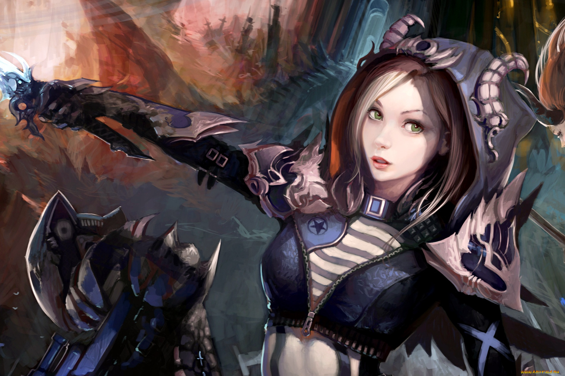 фэнтези, девушки, digital, art, fantasy, face, girl, dagger, weapon, horns, magician, hood, artwork, green, eyes