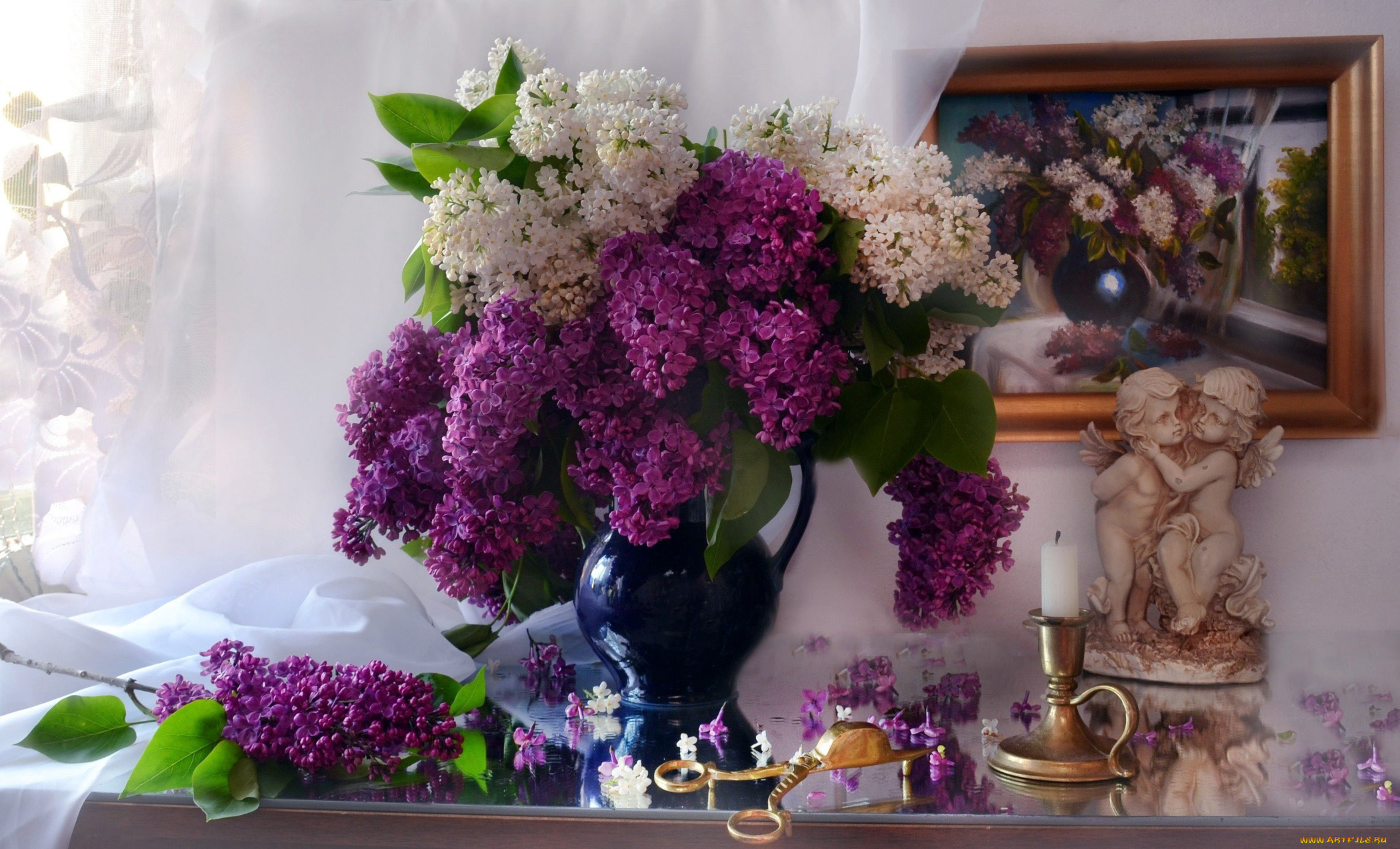 цветы, сирень, свеча, букет