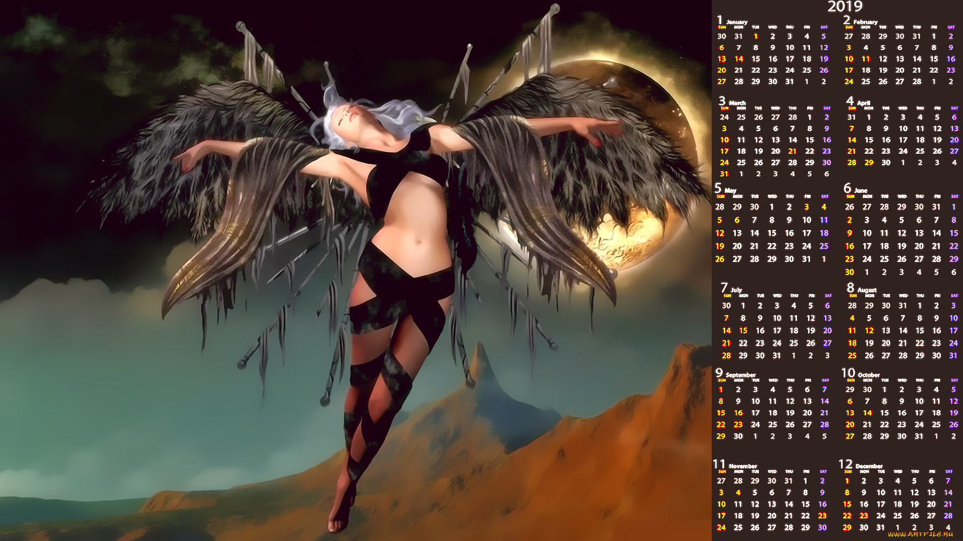 календари, 3д-графика, планета, крылья, девушка