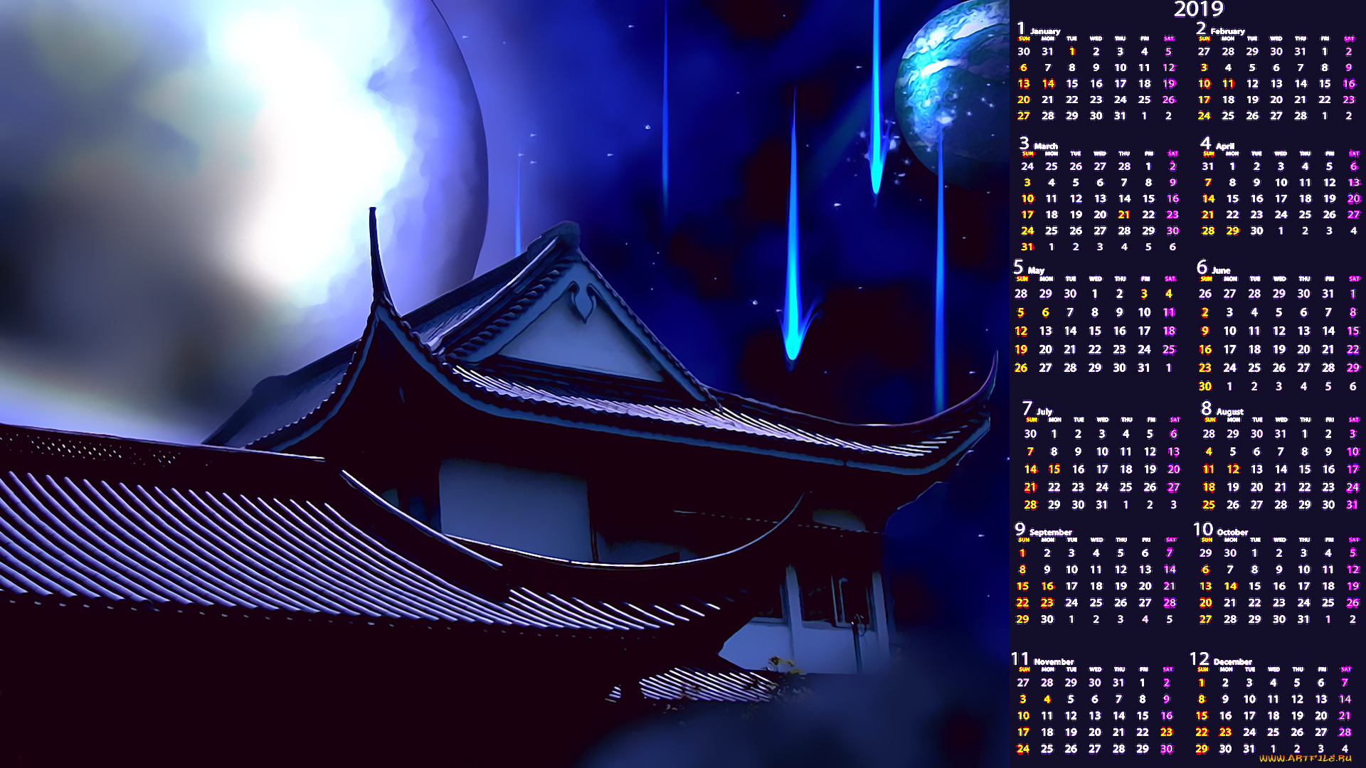 календари, фэнтези, дом, ночь, здание, планета, крыша