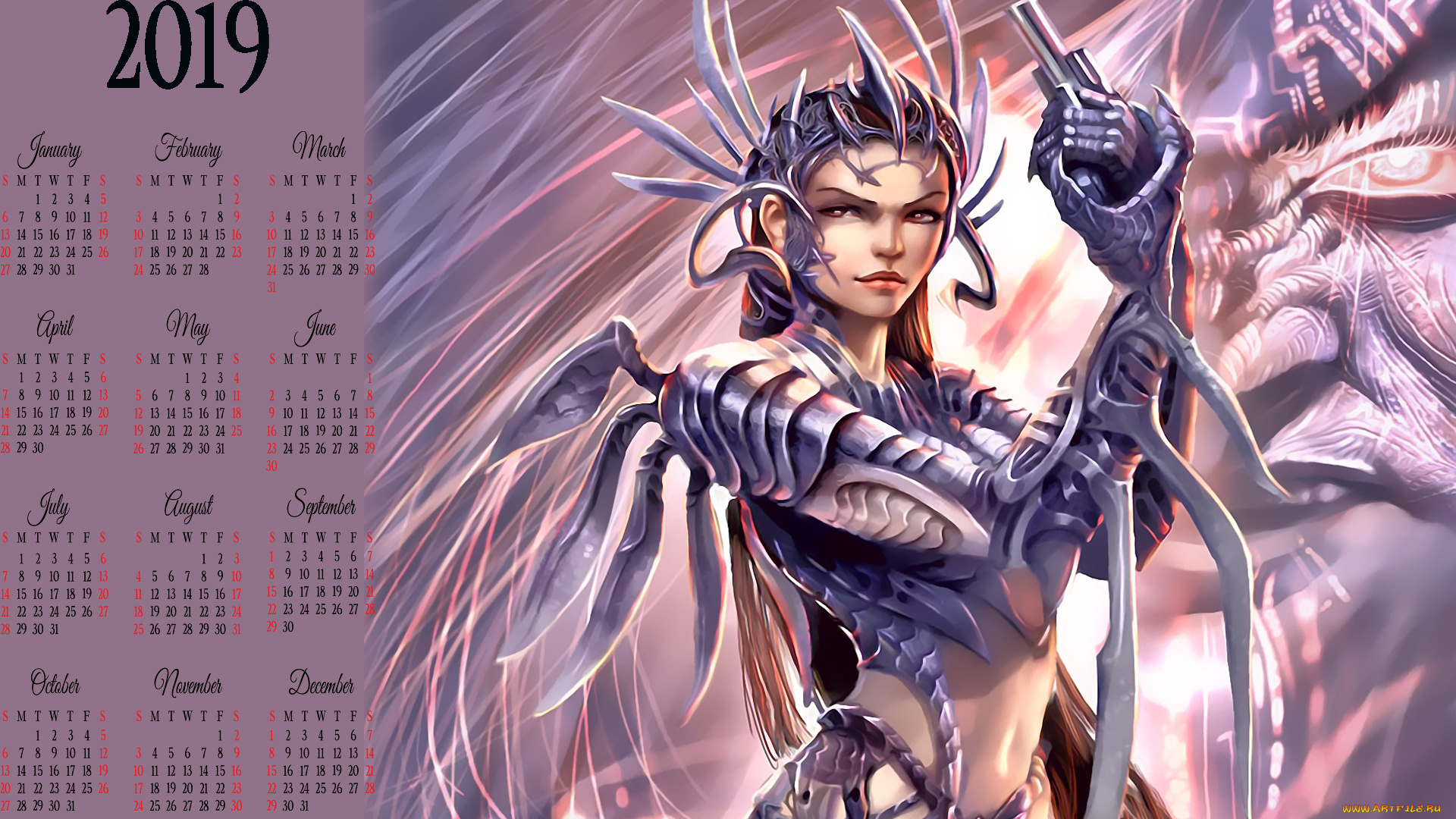 календари, фэнтези, лицо, оружие, девушка