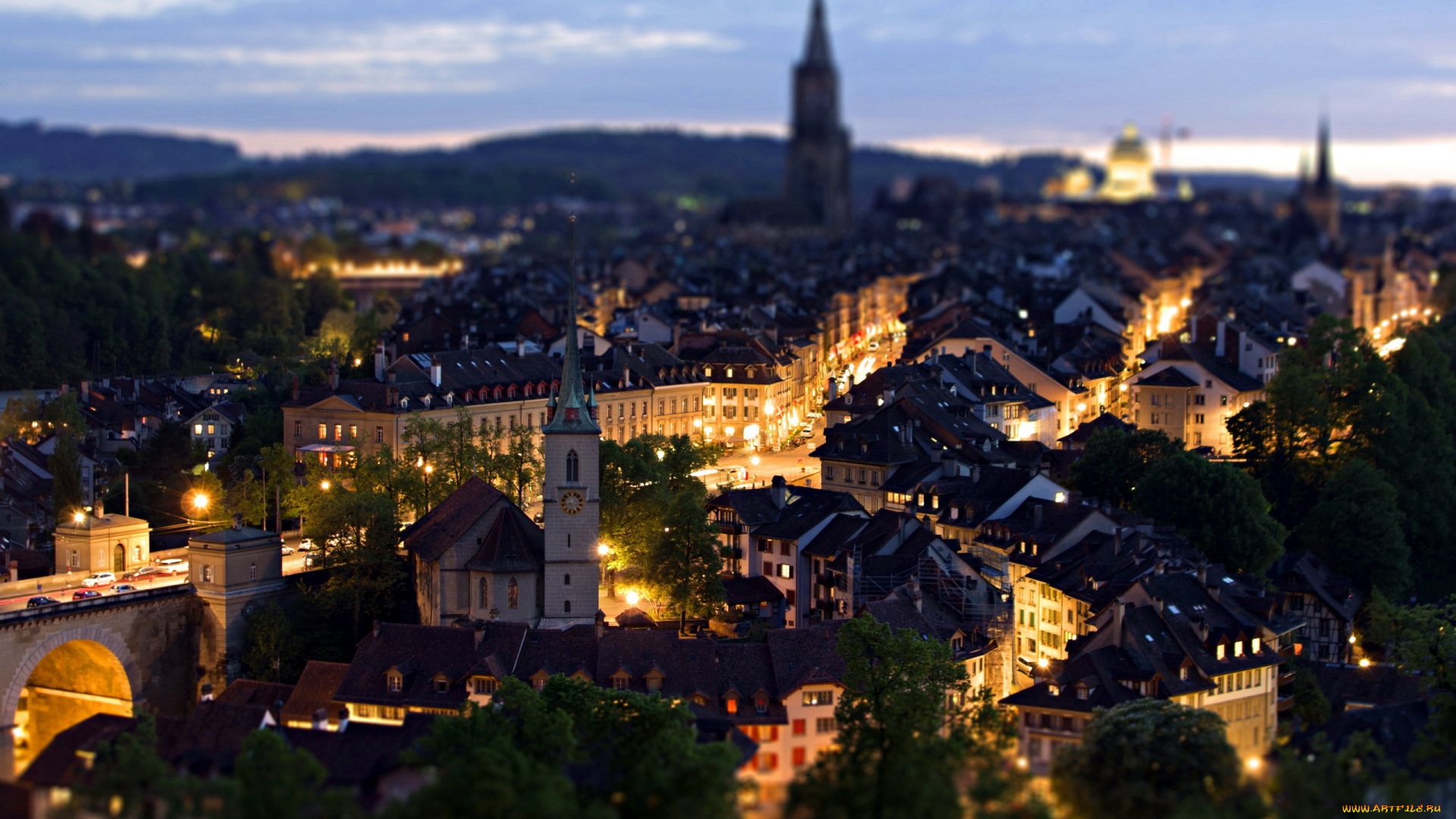 города, берн, , швейцария, панорама, вечер, огни