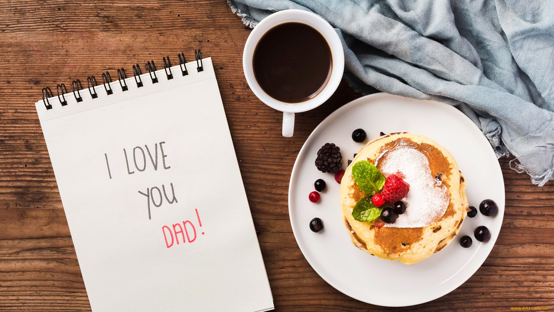 праздничные, день, отца, оладьи, кофе, блокнот, надпись, признание