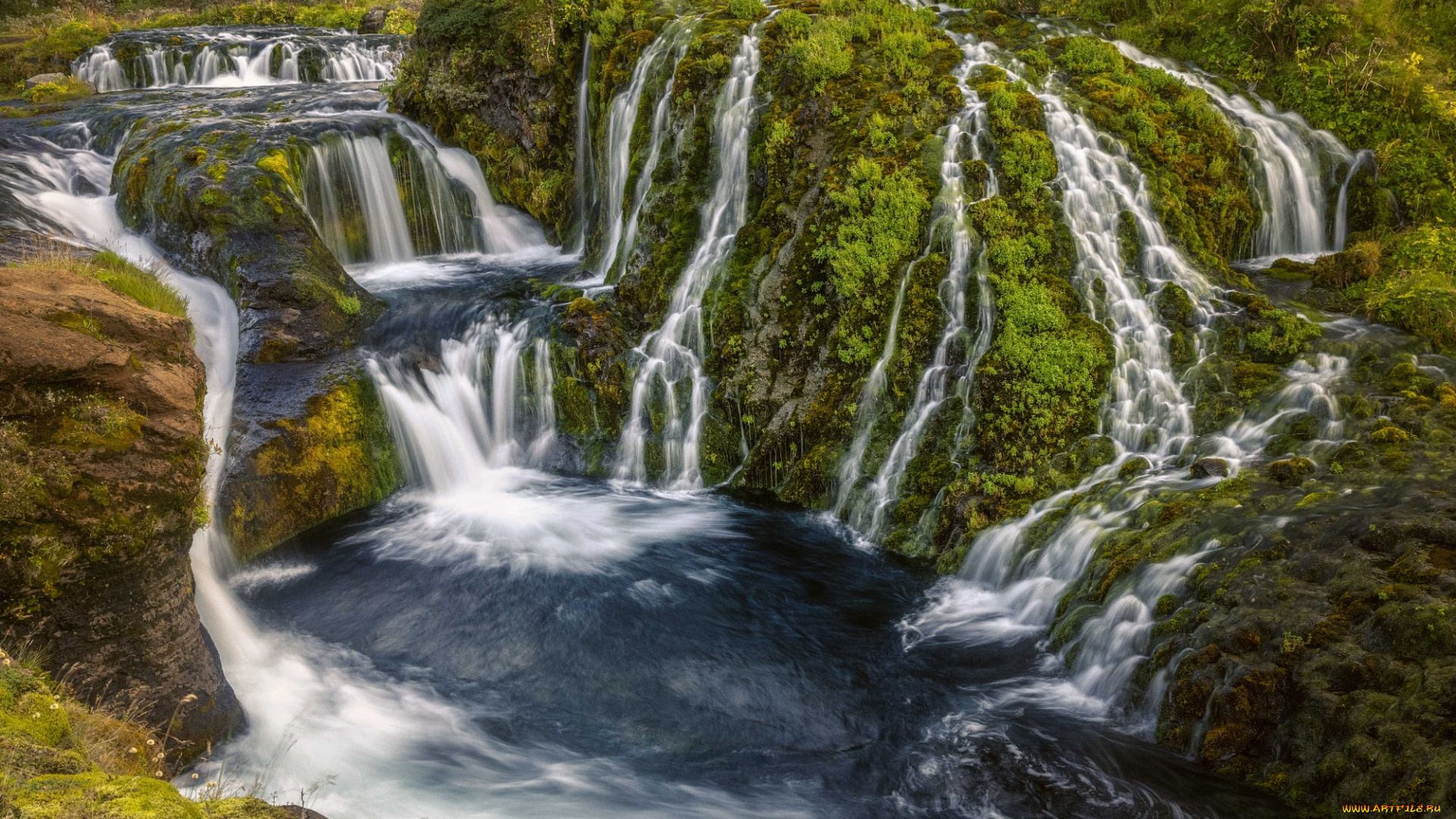 природа, водопады, зелень, горы, скалы, водопад, поток, каскад