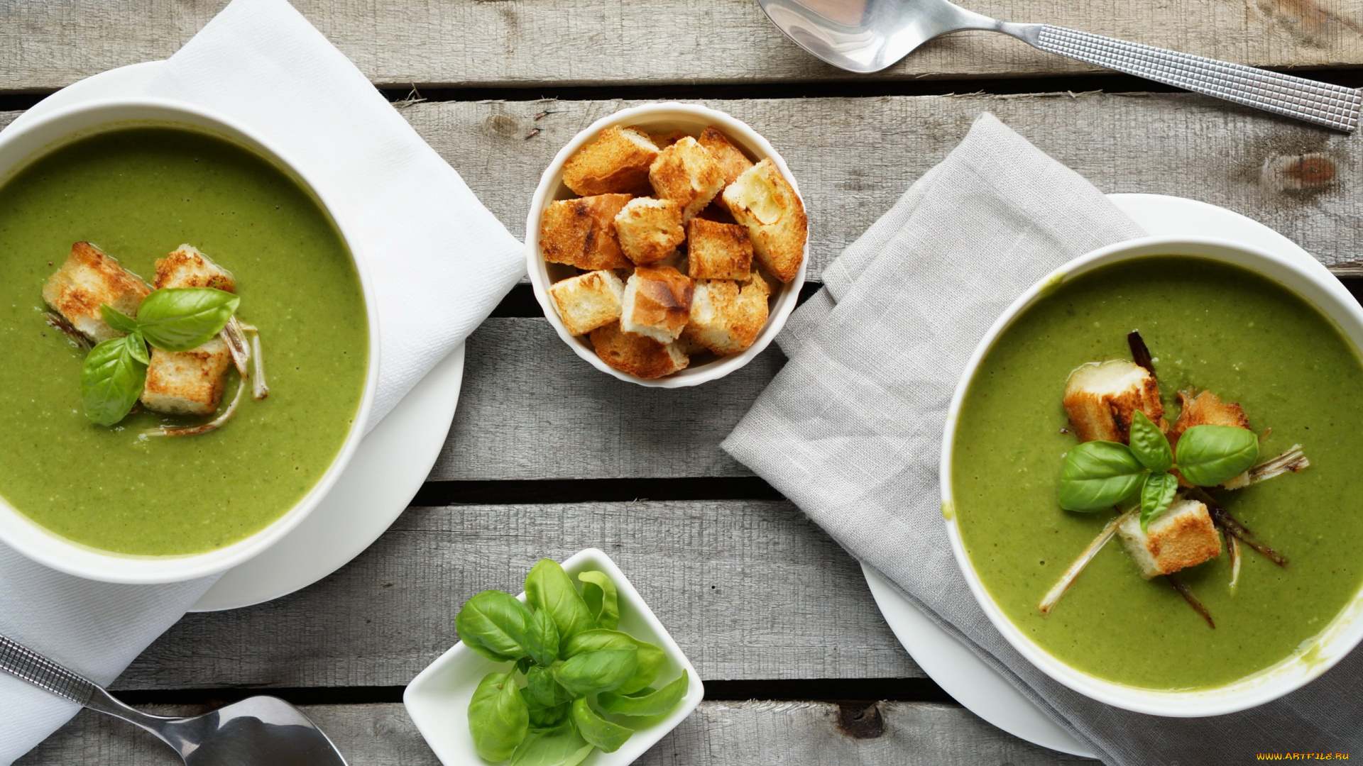 еда, первые, блюда, базилик, суп, сухарики