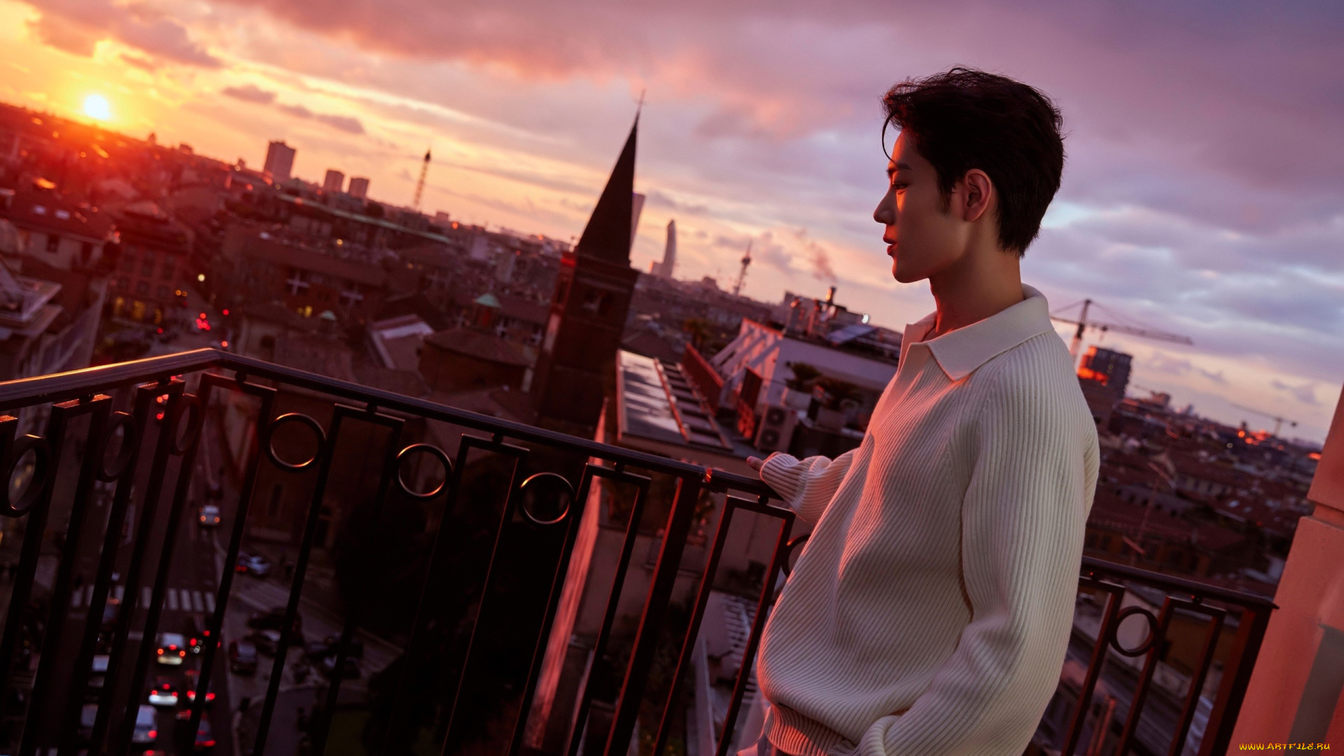 мужчины, xiao, zhan, актер, свитер, балкон, город, панорама, закат