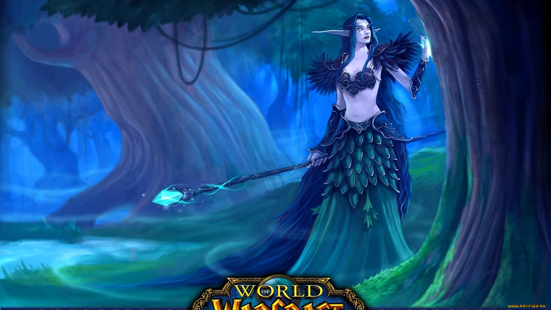видео, игры, world, of, warcraft, эльфийка, посох, лес