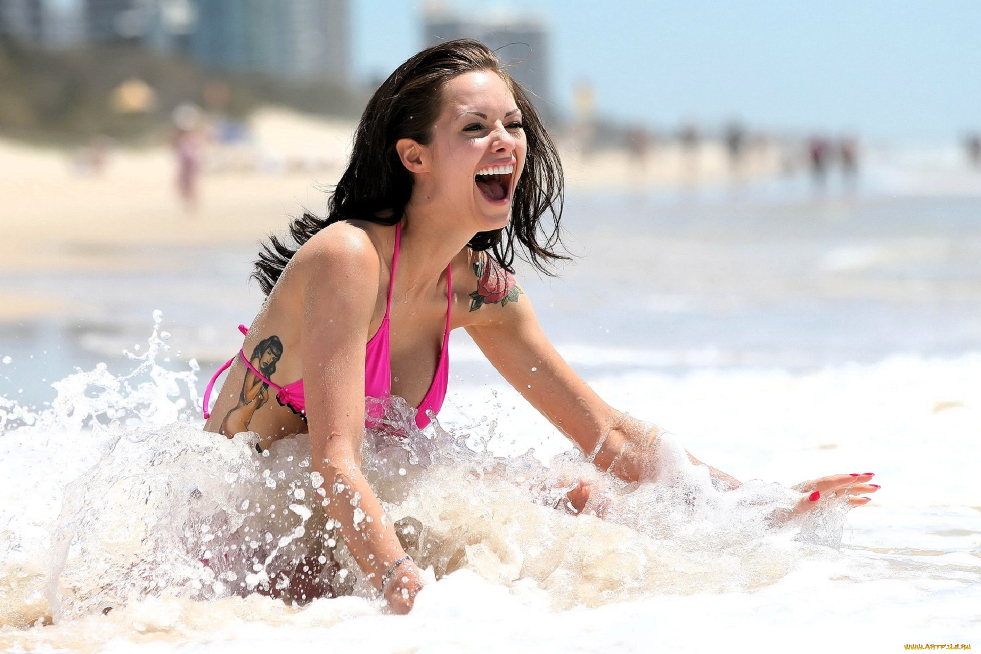 девушки, jessica, jane, clement, шатенка, купальник, тату, море, брызги