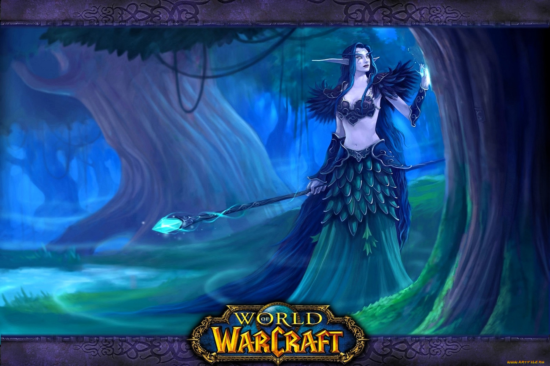 видео, игры, world, of, warcraft, эльфийка, посох, лес