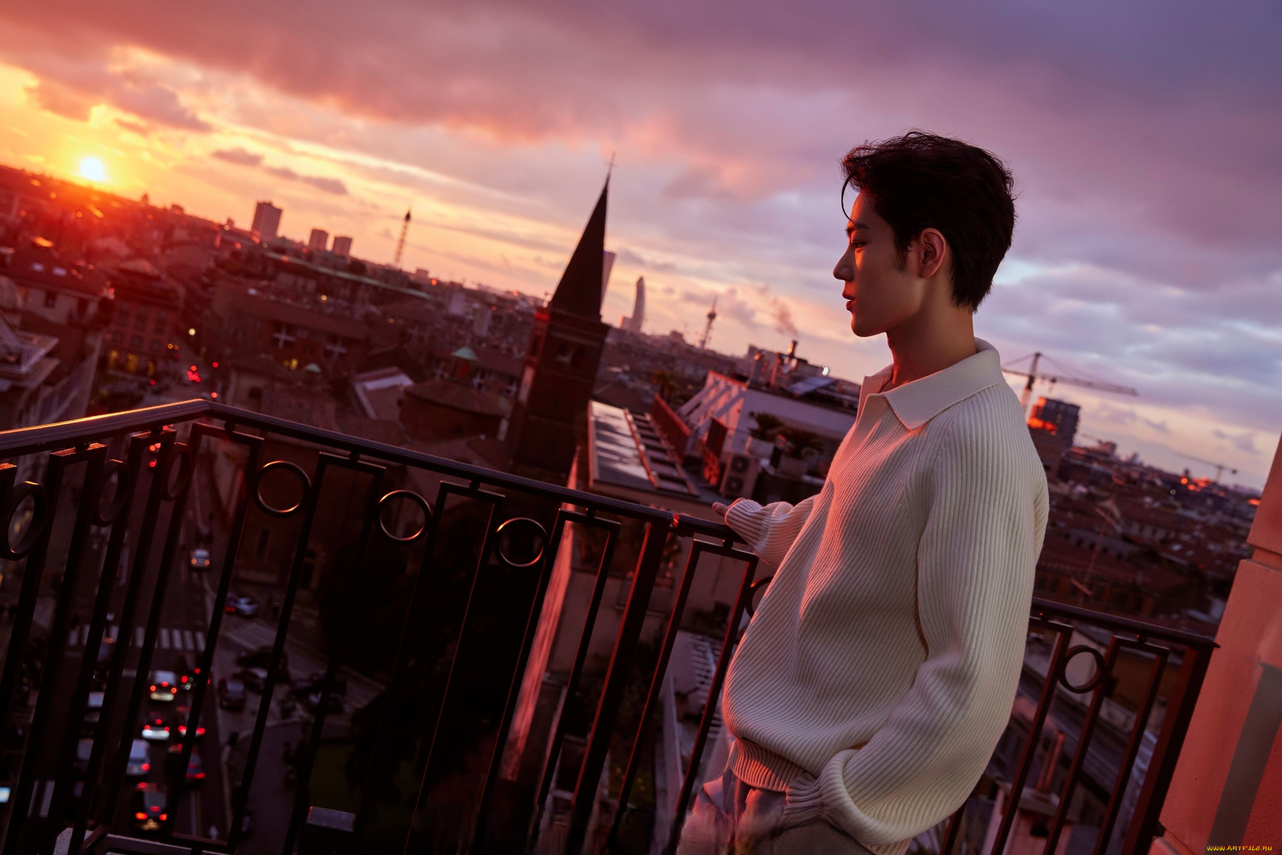 мужчины, xiao, zhan, актер, свитер, балкон, город, панорама, закат